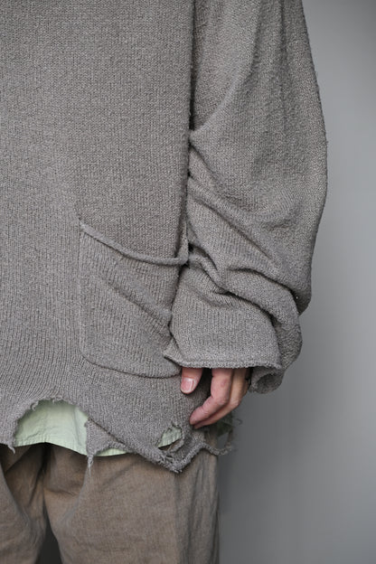 ANCELLM / DAMAGE SILK UVNECK KNIT -GREIGE