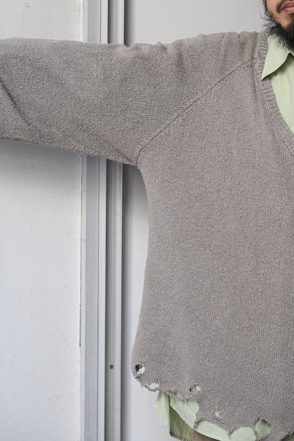 ANCELLM / DAMAGE SILK UVNECK KNIT -GREIGE