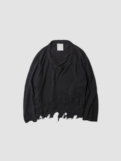 ANCELLM / DAMAGE SILK UVNECK KNIT -BLACK