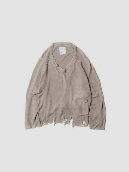 ANCELLM / DAMAGE SILK UVNECK KNIT -GREIGE