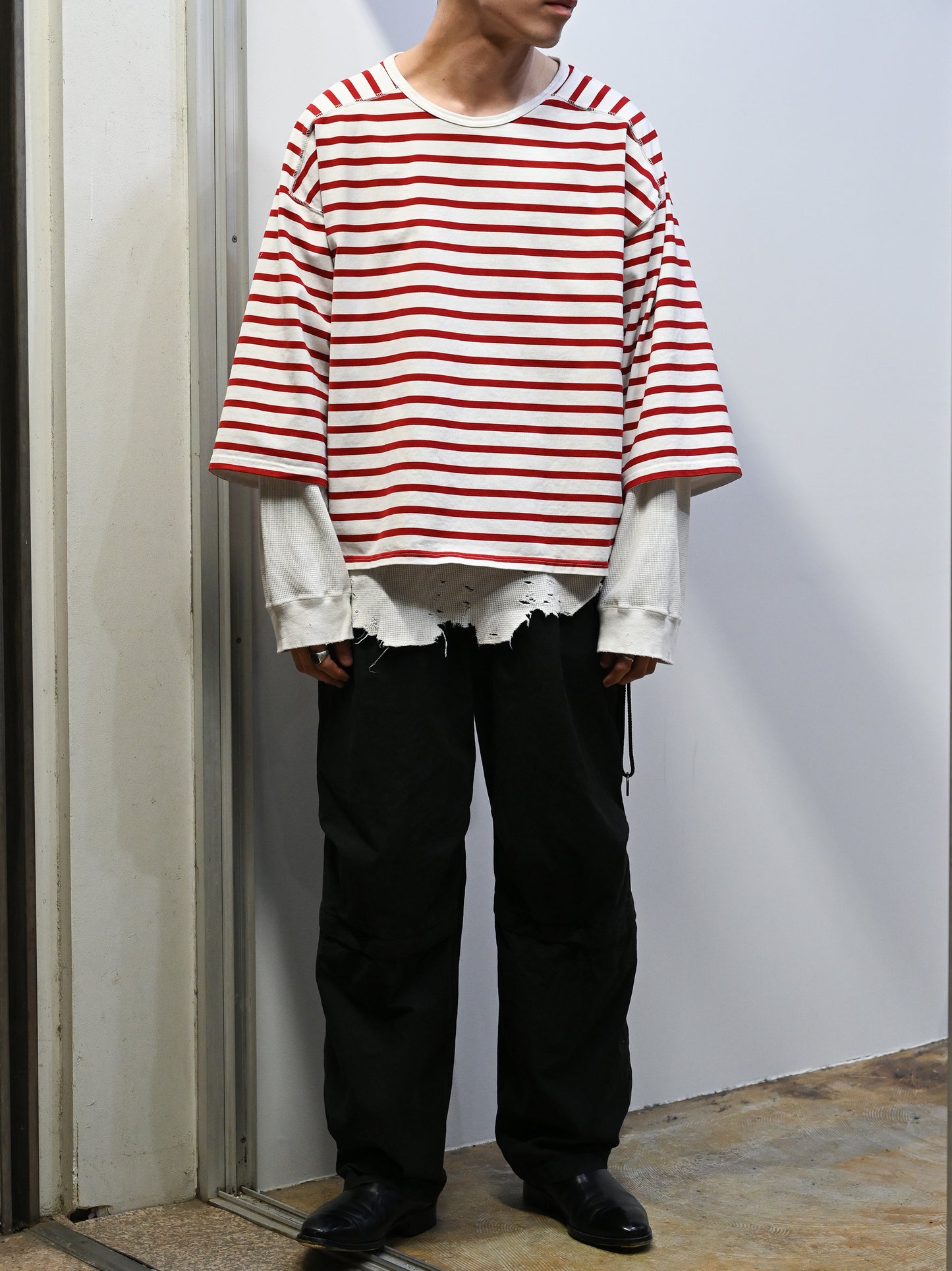 ANCELLM / BORDER LAYERED LS SHIRT -WHITE/RED