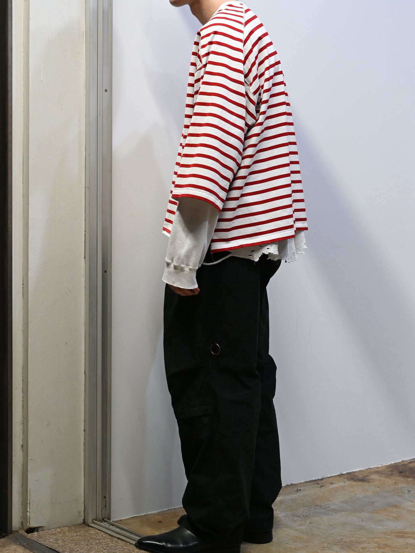 ANCELLM / BORDER LAYERED LS SHIRT -WHITE/RED