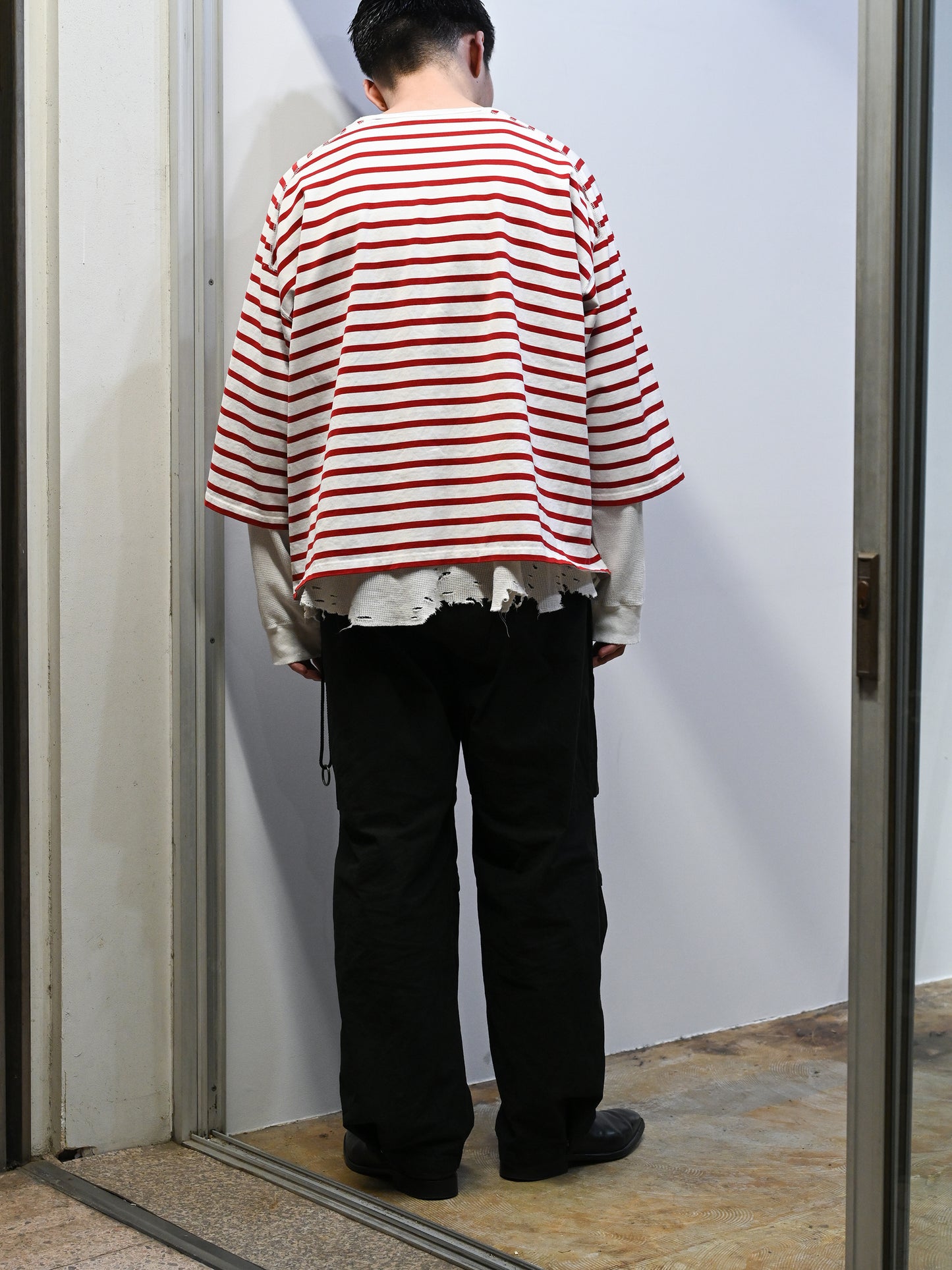 ANCELLM / BORDER LAYERED LS SHIRT -WHITE/RED