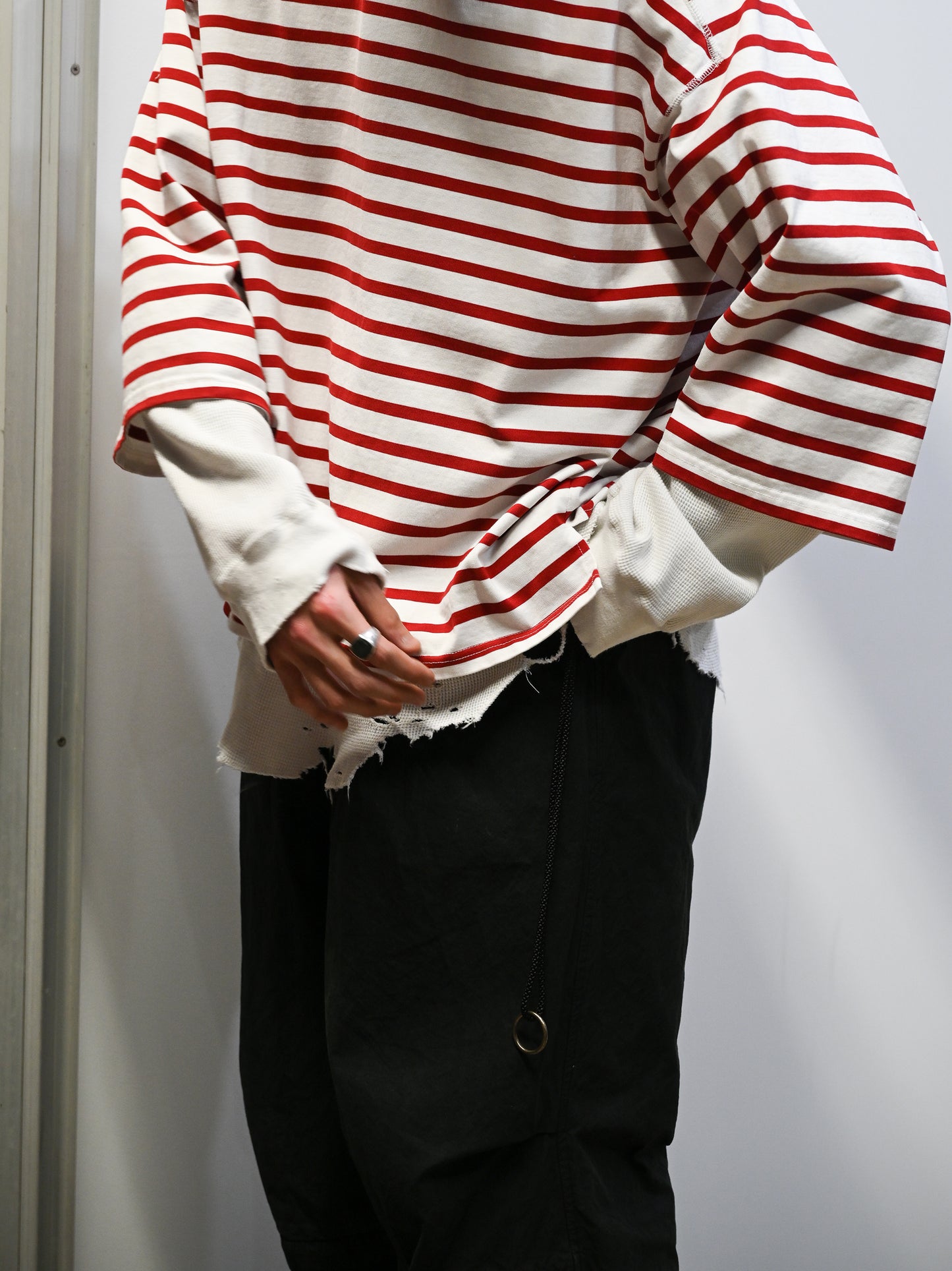 ANCELLM / BORDER LAYERED LS SHIRT -WHITE/RED