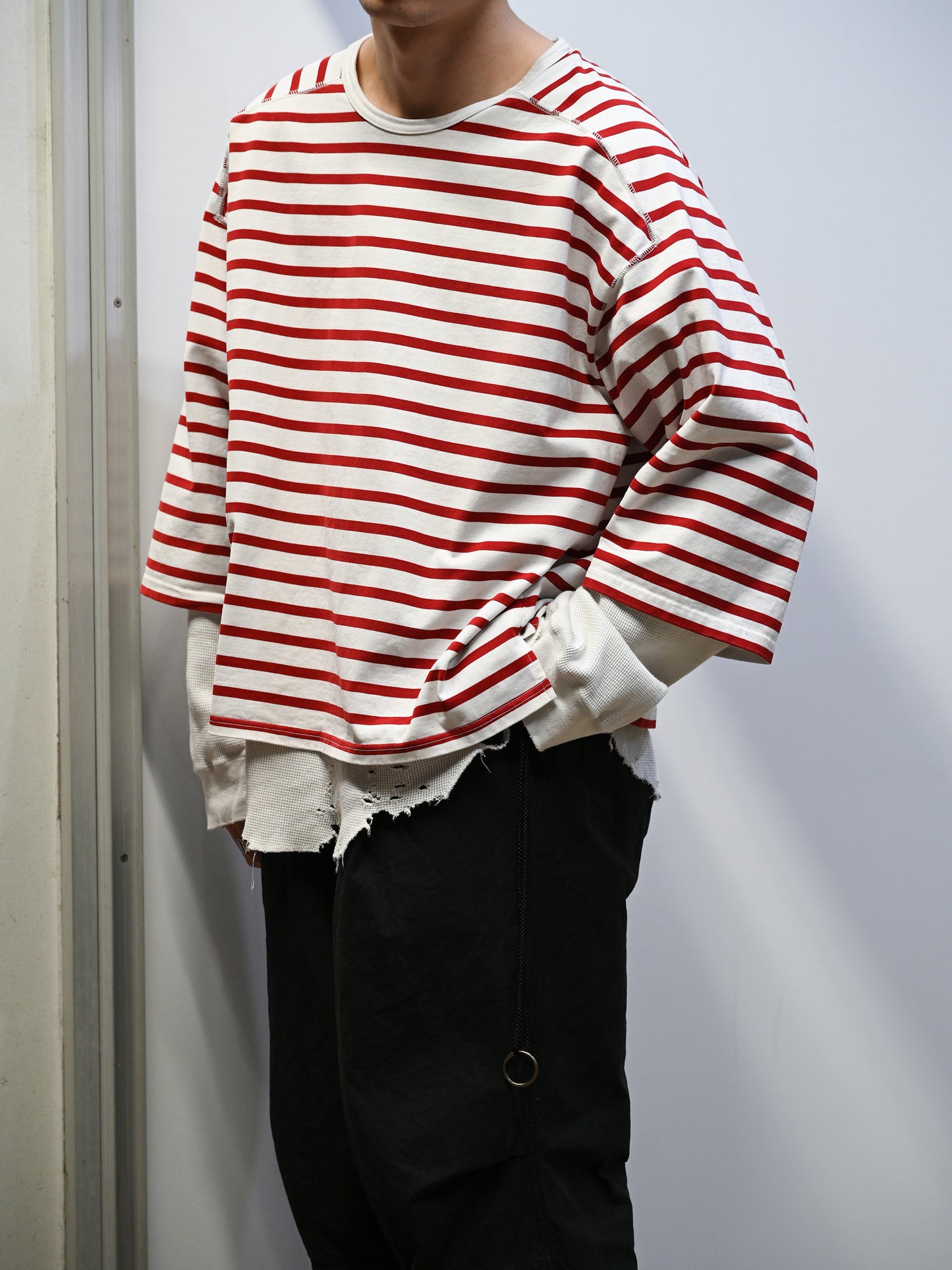 ANCELLM / BORDER LAYERED LS SHIRT -WHITE/RED