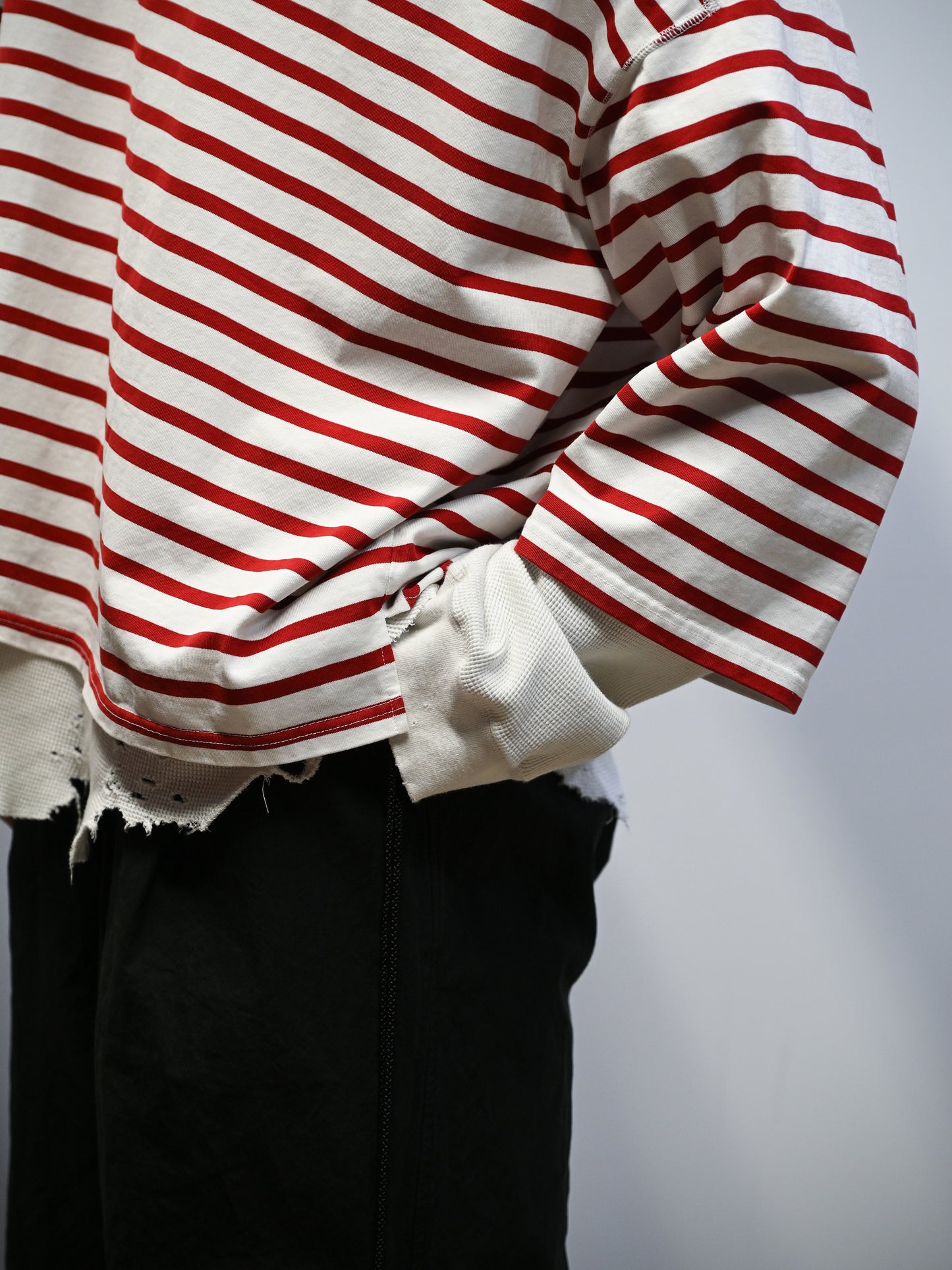 ANCELLM / BORDER LAYERED LS SHIRT -WHITE/RED