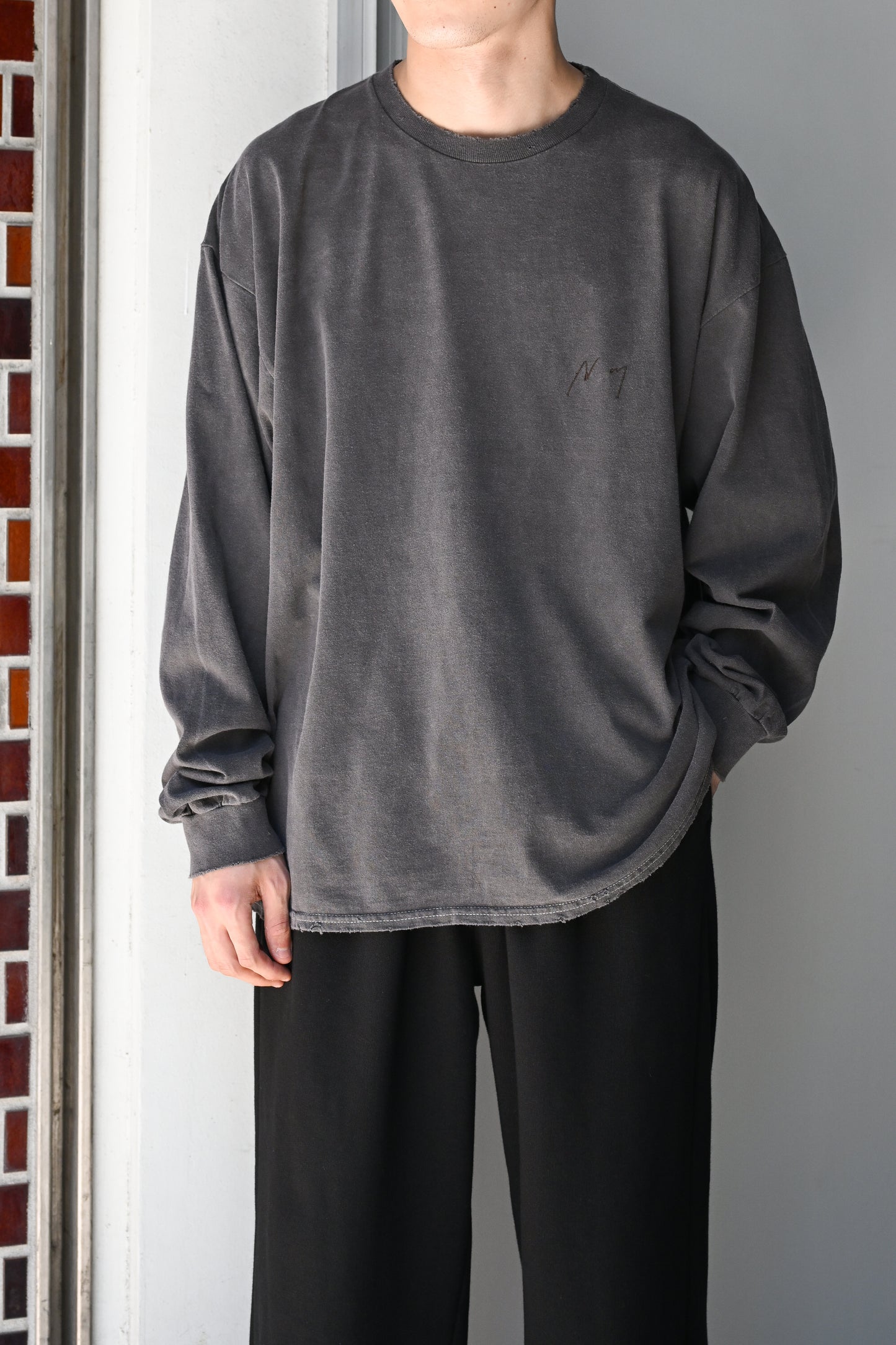 ANCELLM / EMBROIDERY DYED LS T-SHIRT -F.BLACK