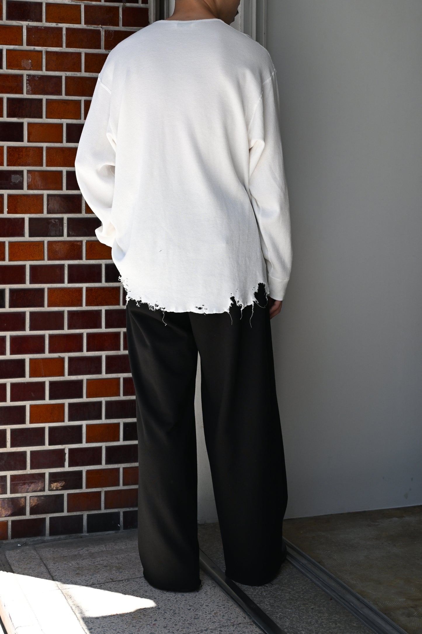 ANCELLM / DAMAGE WAFFLE CREW LS T-SHIRT -WHITE