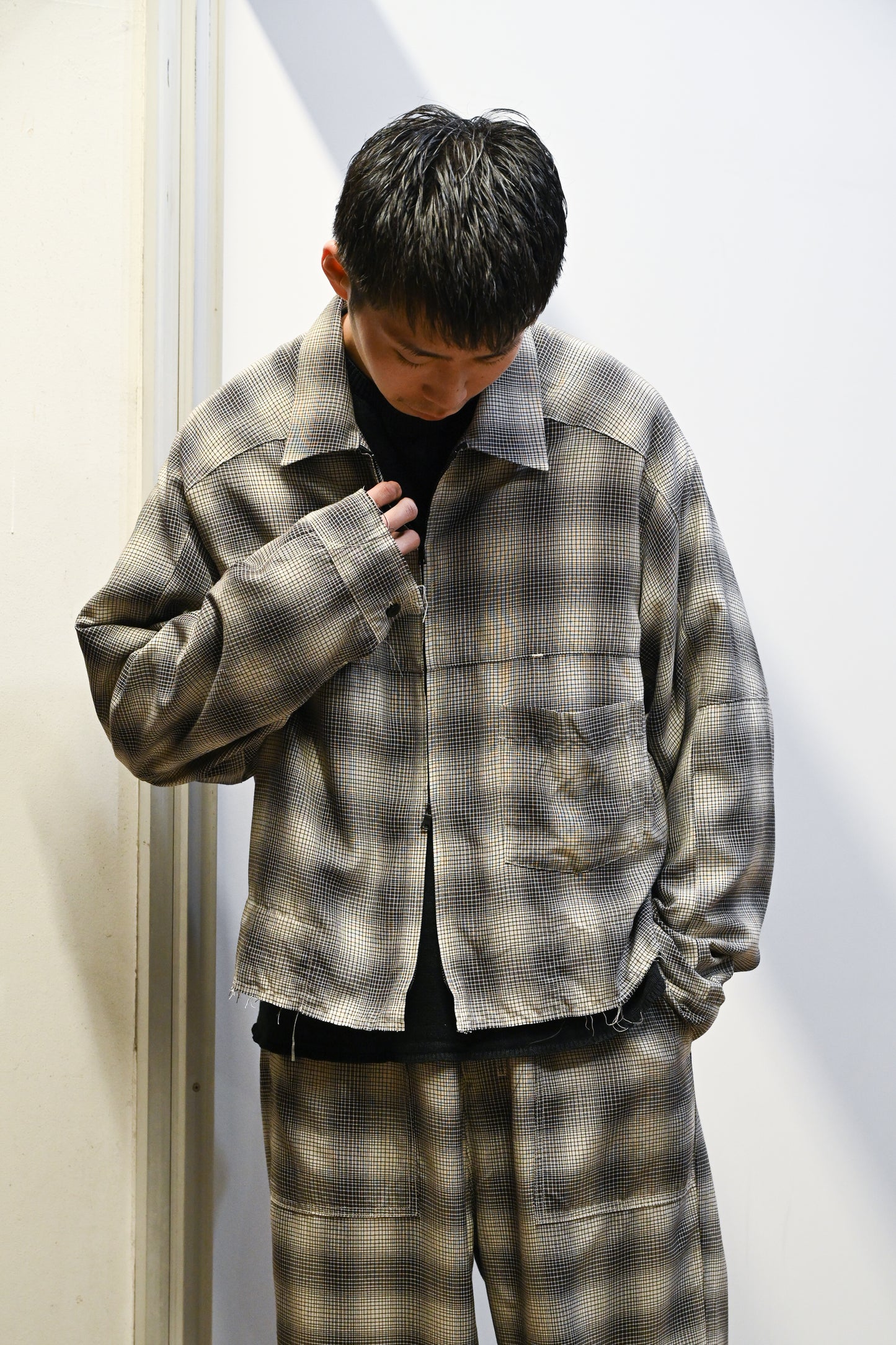 ANCELLM / OMBRE CHECK SHORT ZIPUP SHIRT -BROWN