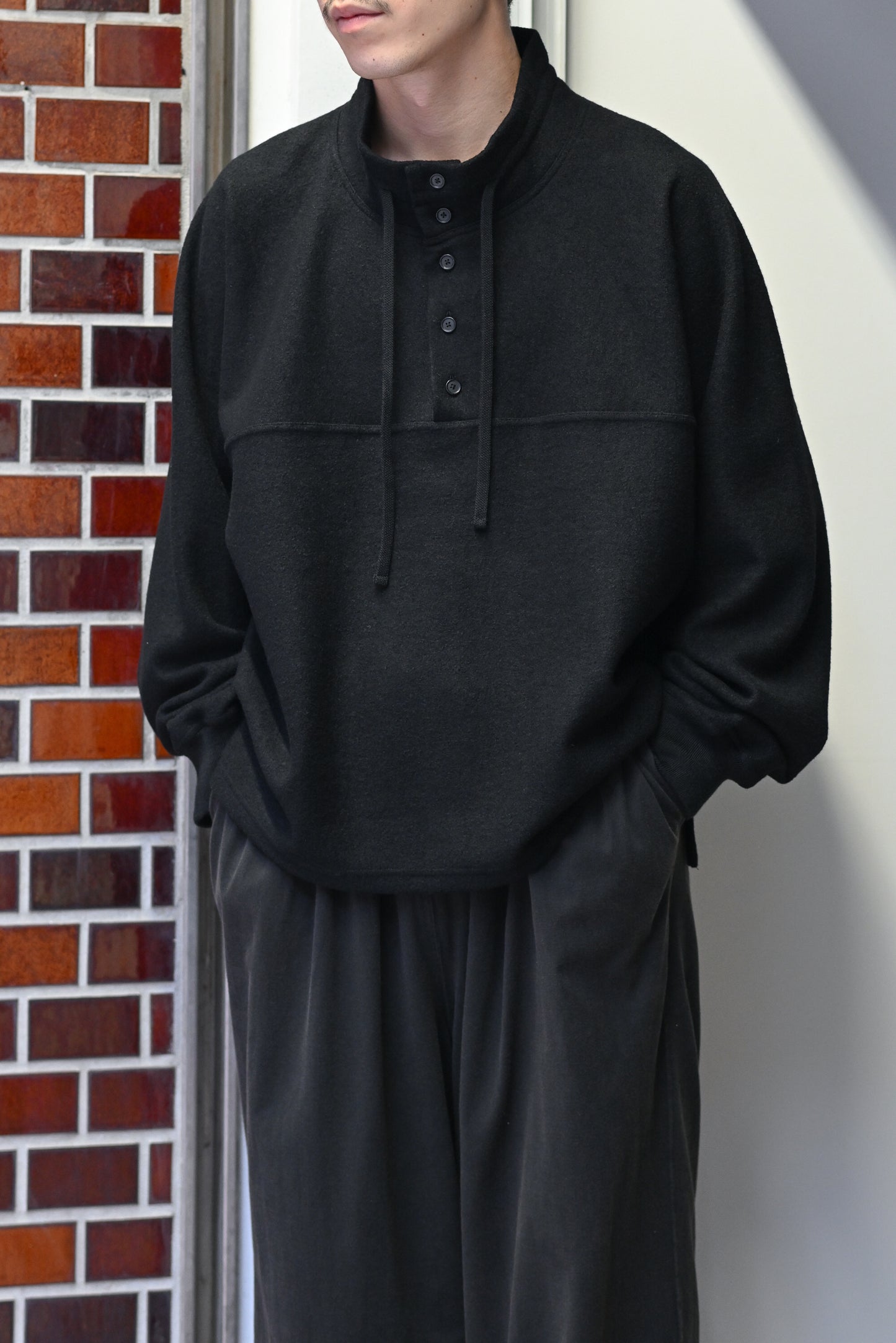 ANCELLM / HENLEY PULL OVER SHIRT -BLACK