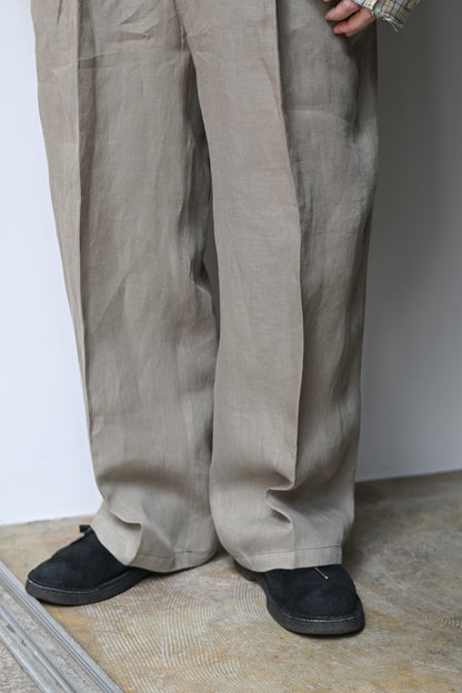 ANCELLM / 100/S LINEN TUCK SLACKS -KHAKIBEIGE