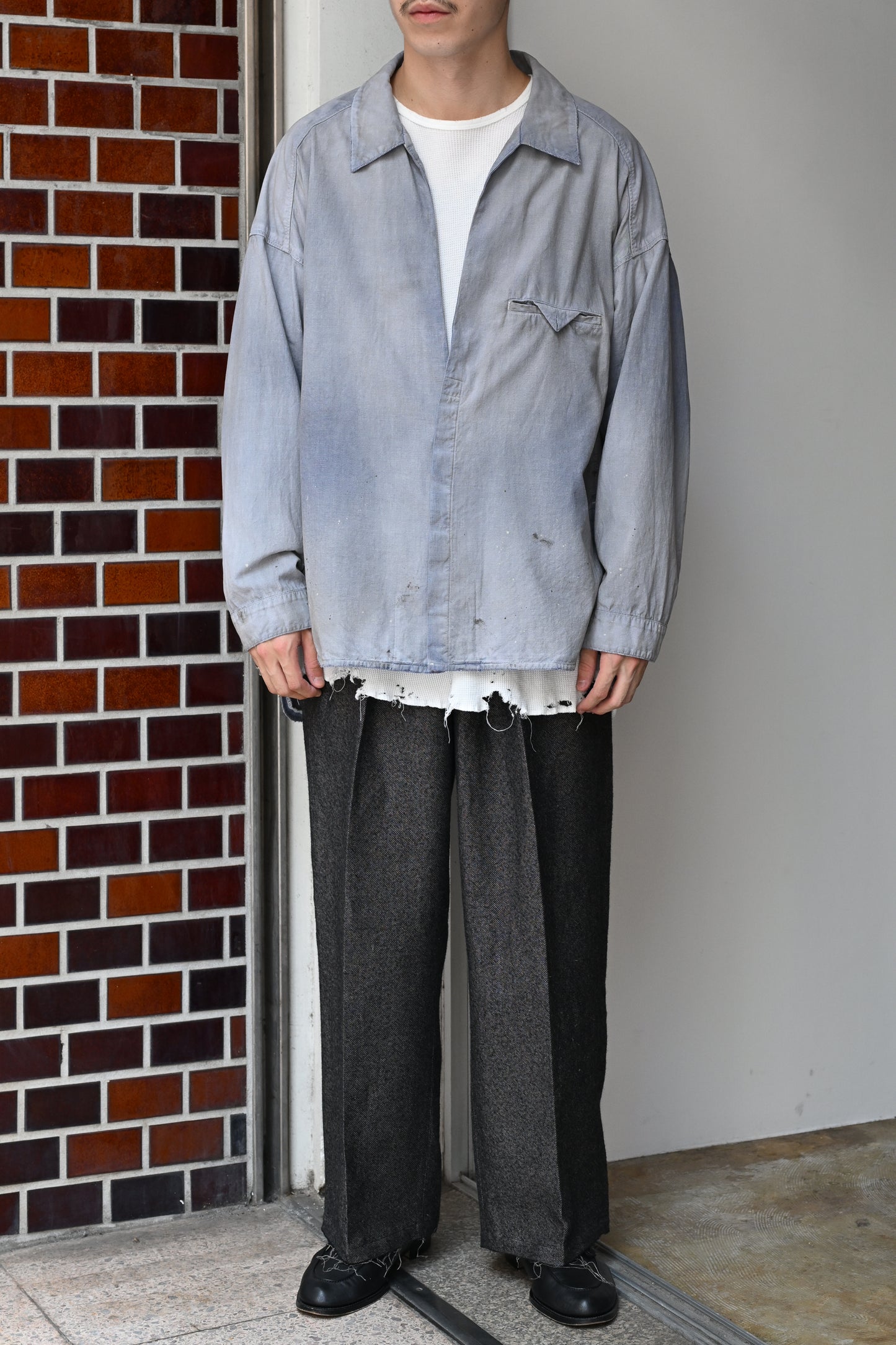 ANCELLM / AGING CHAMBRAY LONG SHIRT -DUSKY PURPLE