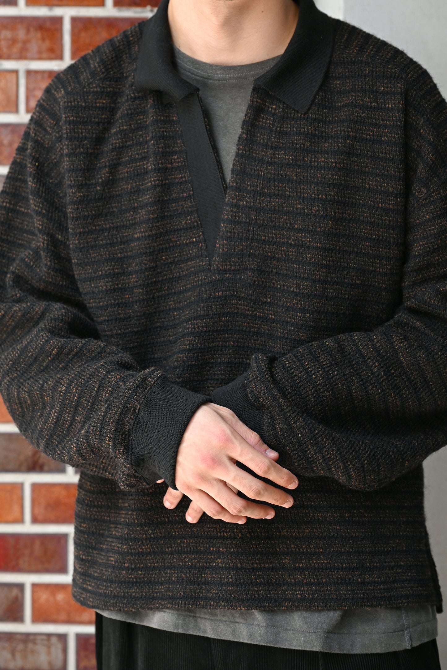 ANCELLM / WOOL BORDER SKIPPER SHIRT -BLACK