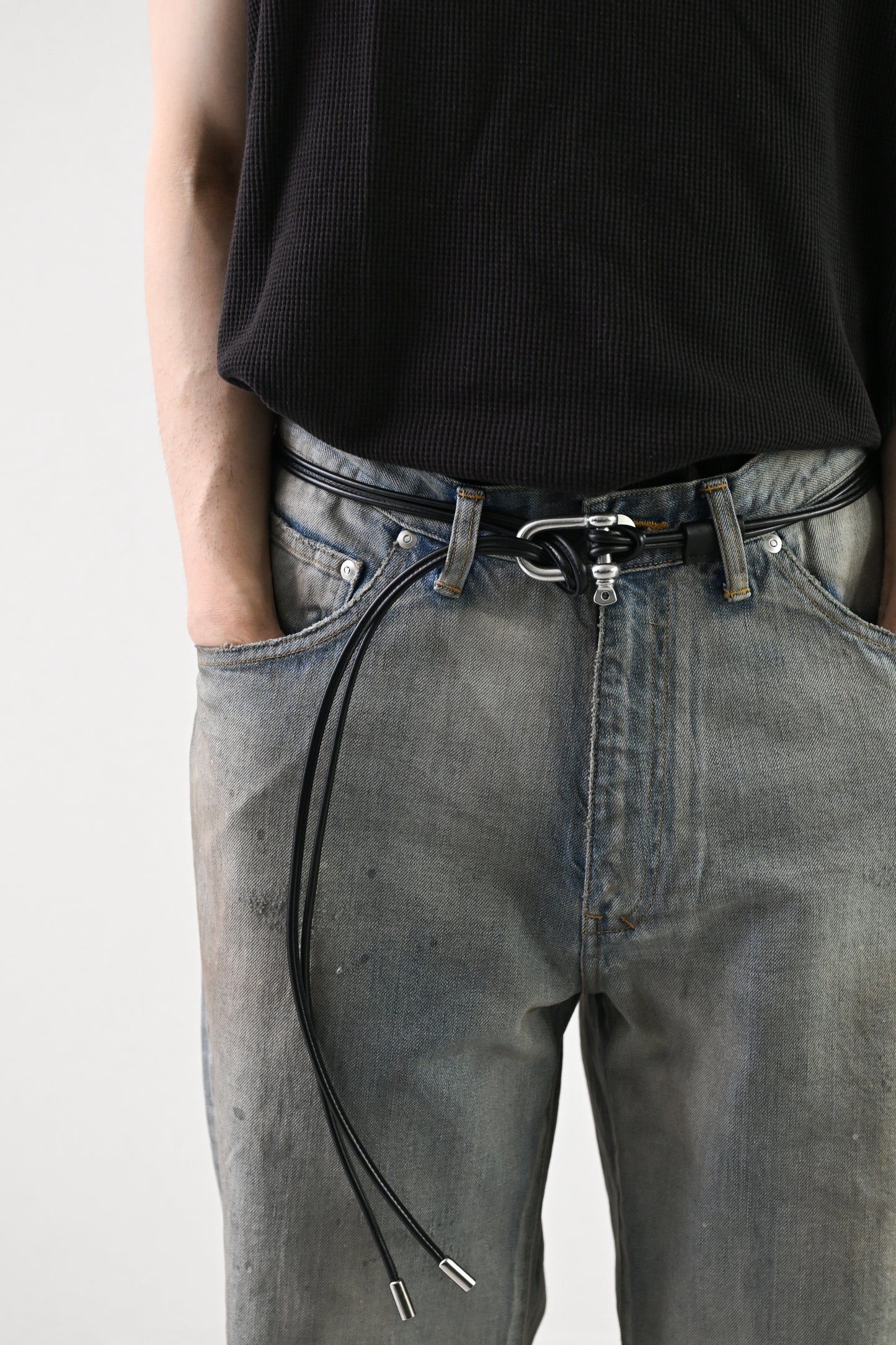 ANCELLM / LEATHER ROPE BELT -BLACK