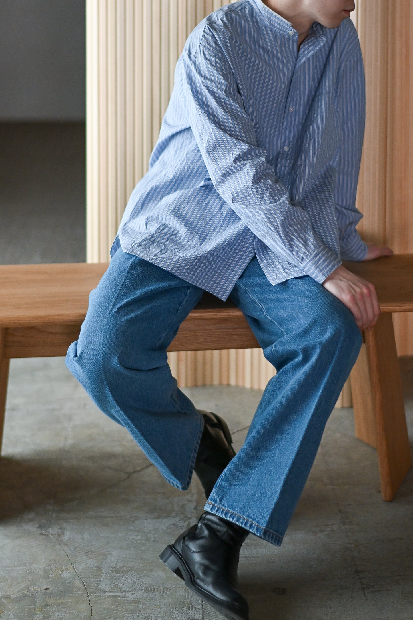 Salvatore Piccolo x Cristaseya  / HANDMADE FRINGED MAO COLLAR SHIRT -Striped Blue