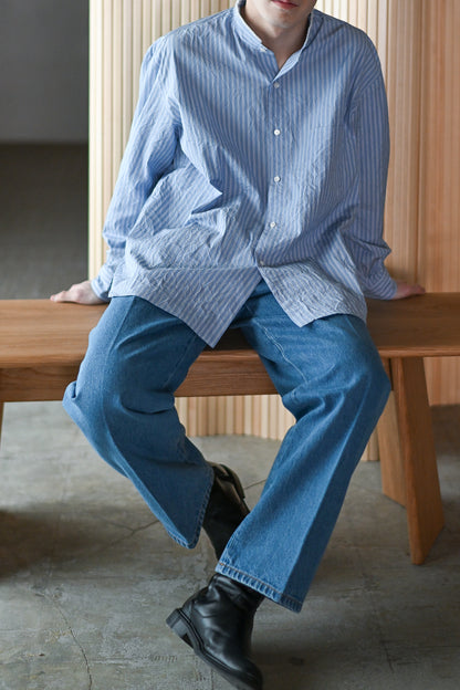 Salvatore Piccolo x Cristaseya  / HANDMADE FRINGED MAO COLLAR SHIRT -Striped Blue