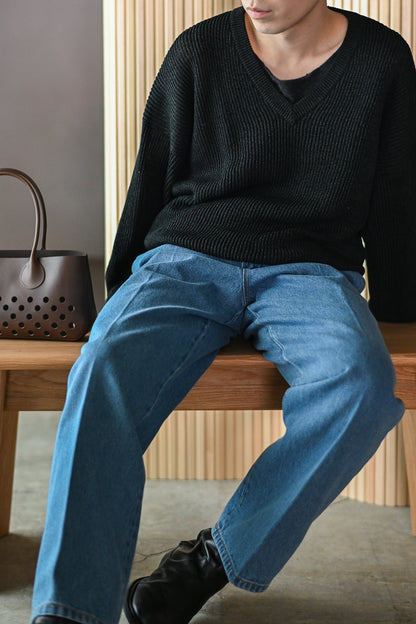 Cristaseya  / RIBBED V NECK DROPSHOULDER SWEATER -Black