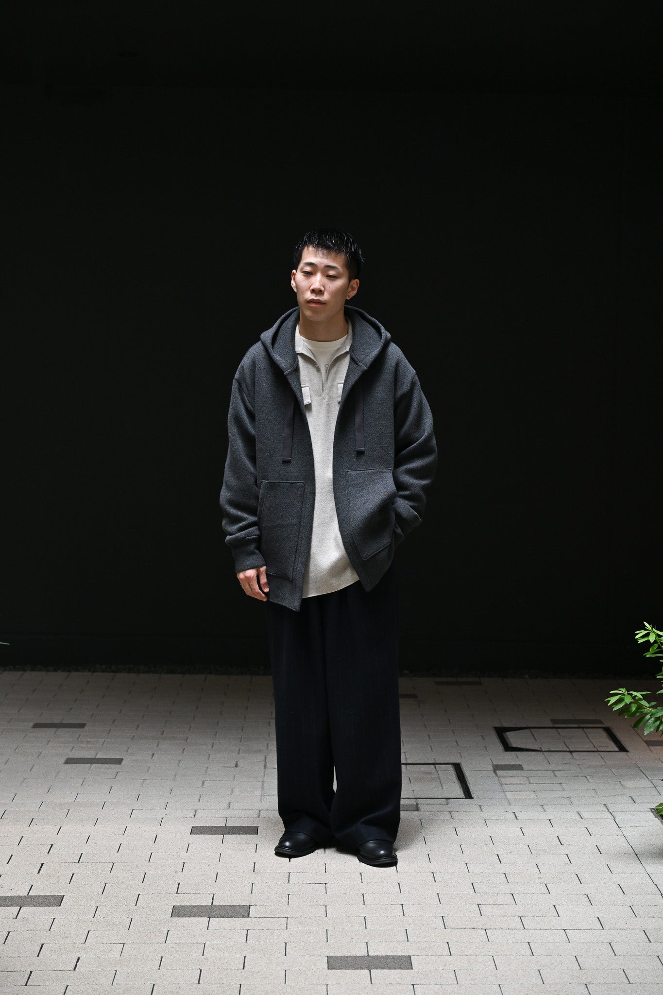 POSTELEGANT / Cotton Cashmere Knit Hoodie -CHARCOAL GREY