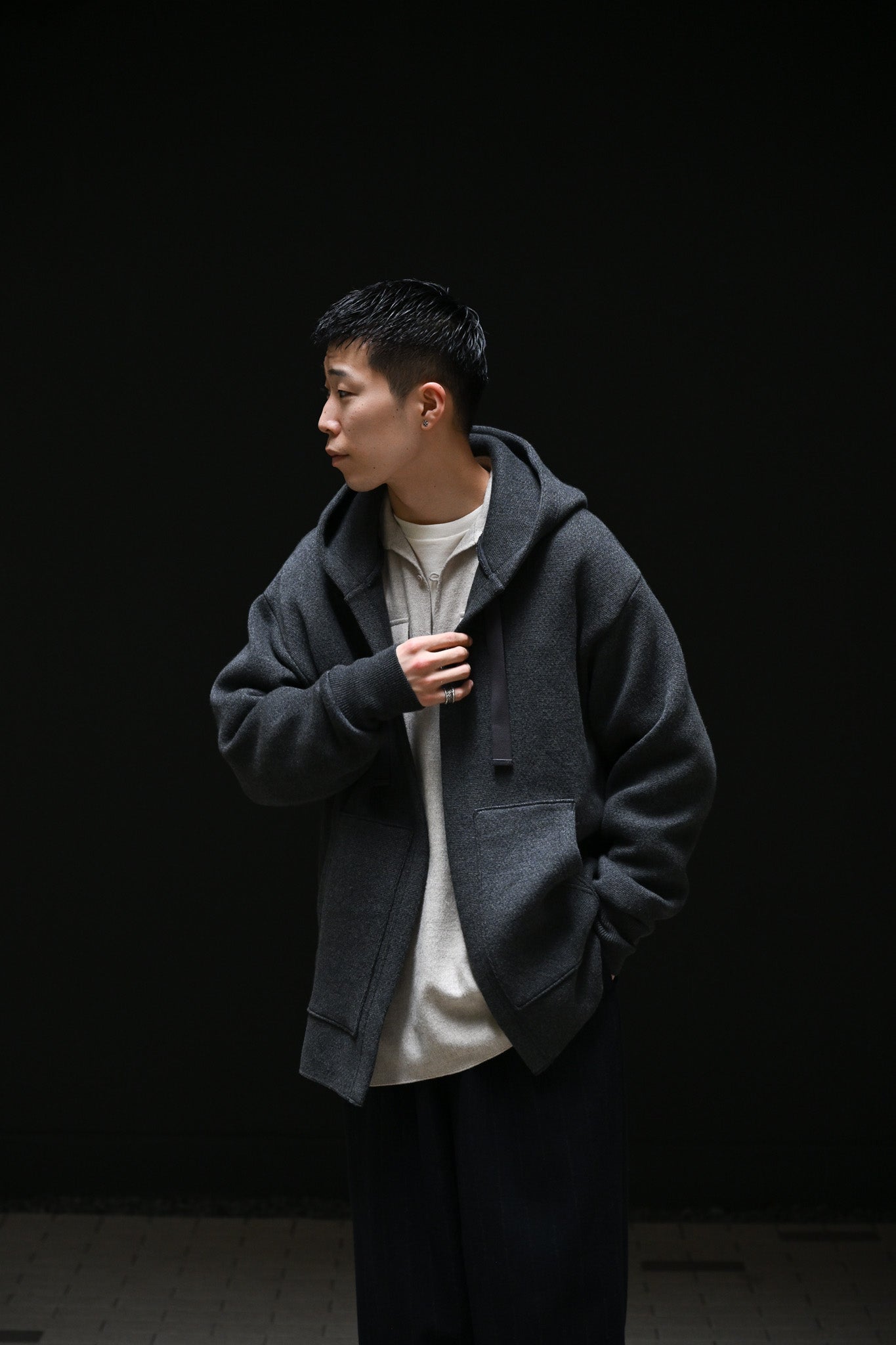 POSTELEGANT / Cotton Cashmere Knit Hoodie -CHARCOAL GREY