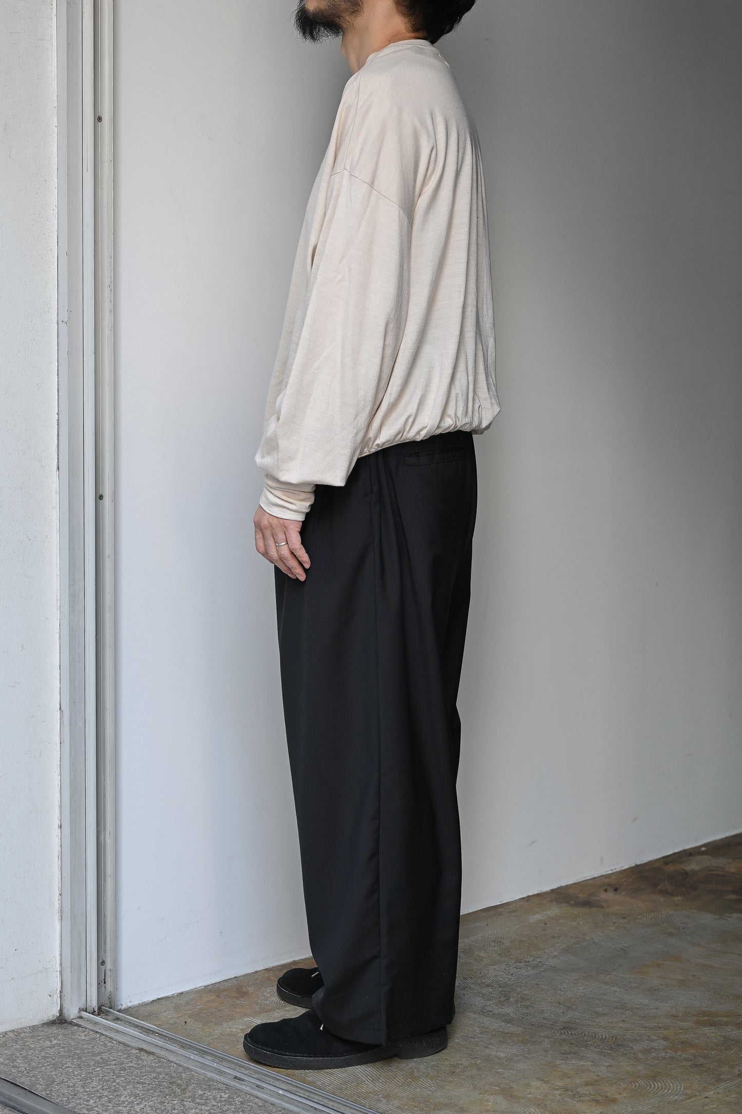 ANCELLM / BELTED WOOL SLACKS -BLACK