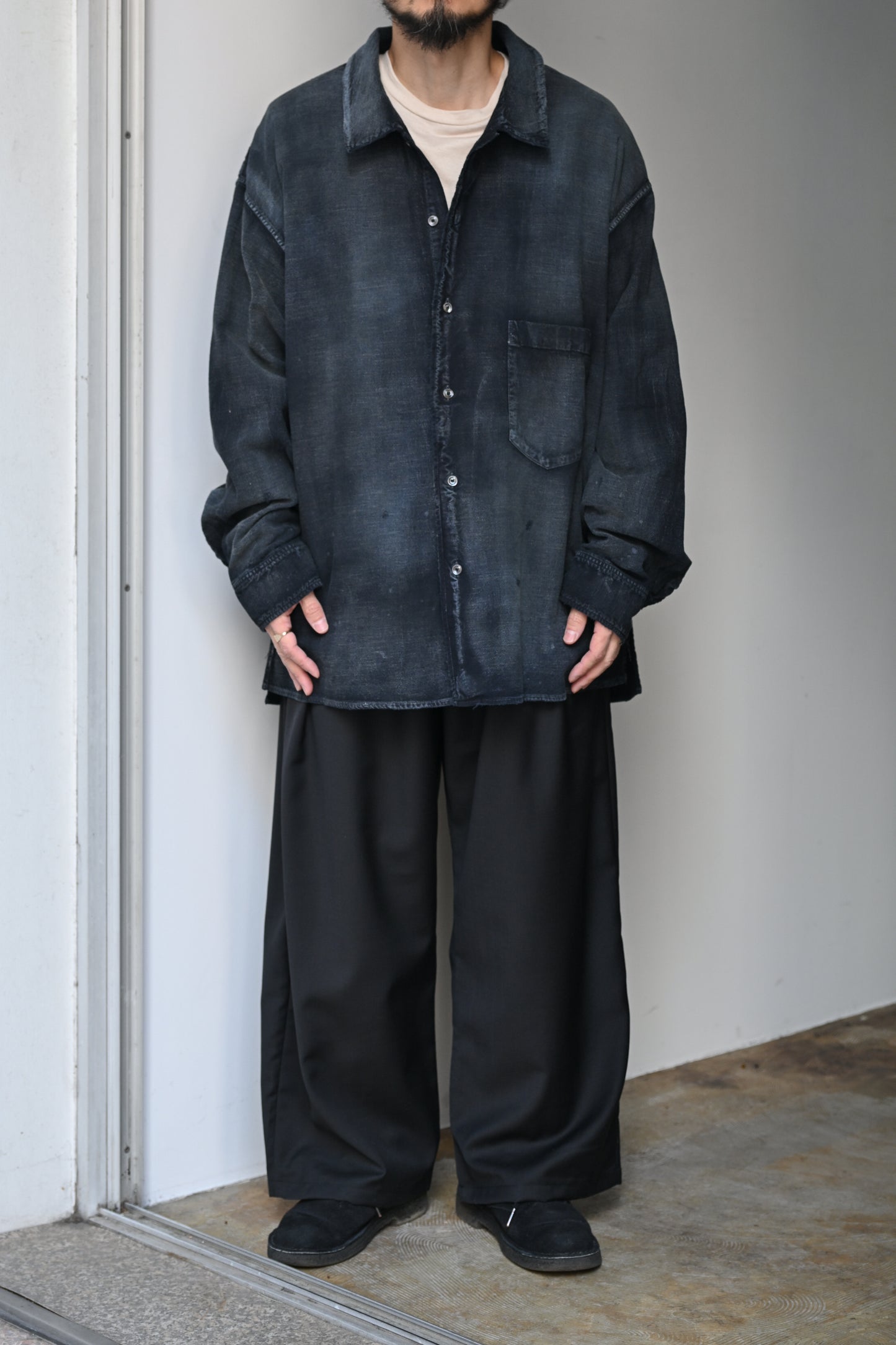 ANCELLM / BELTED WOOL SLACKS -BLACK