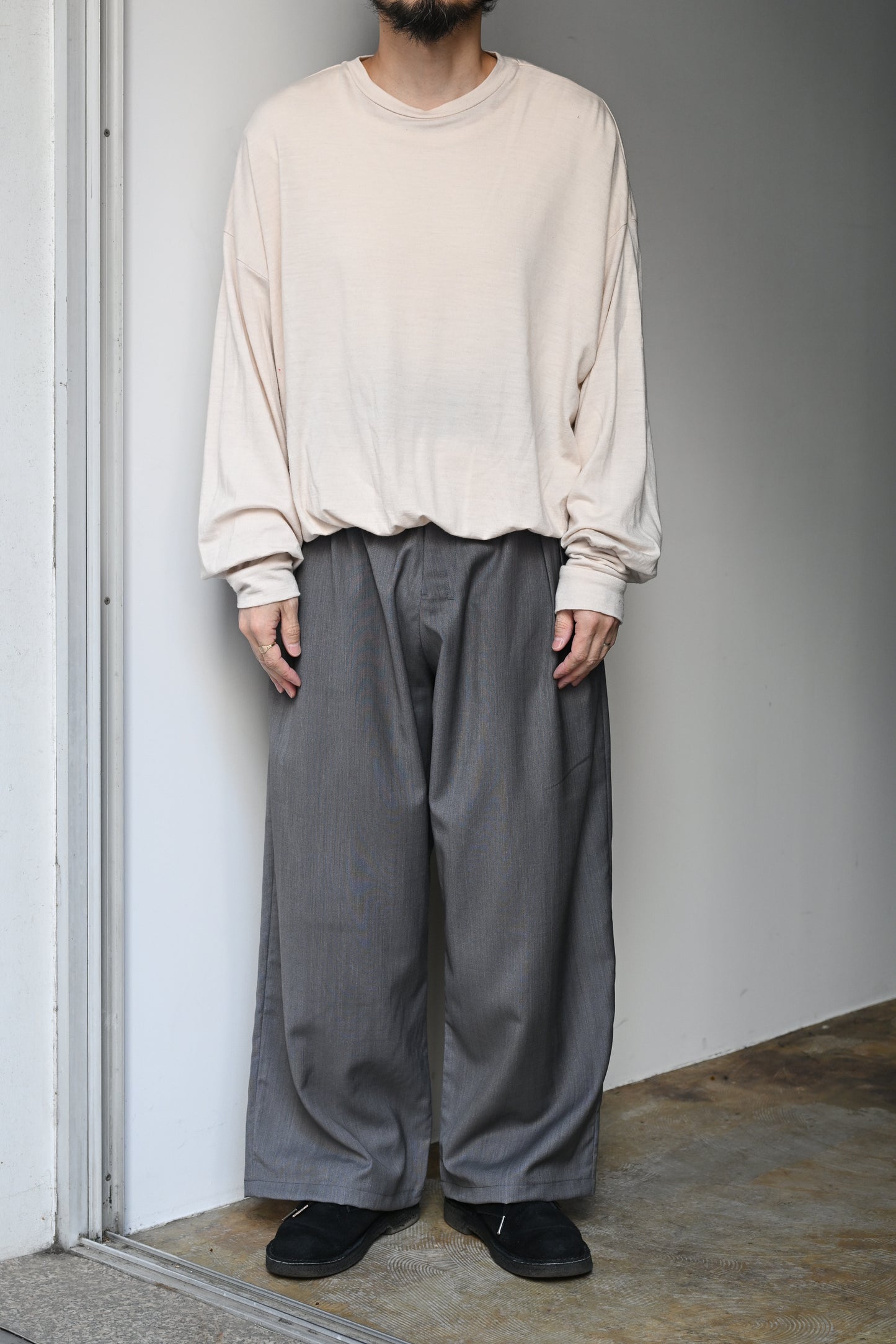 ANCELLM / BELTED WOOL SLACKS -GRAY