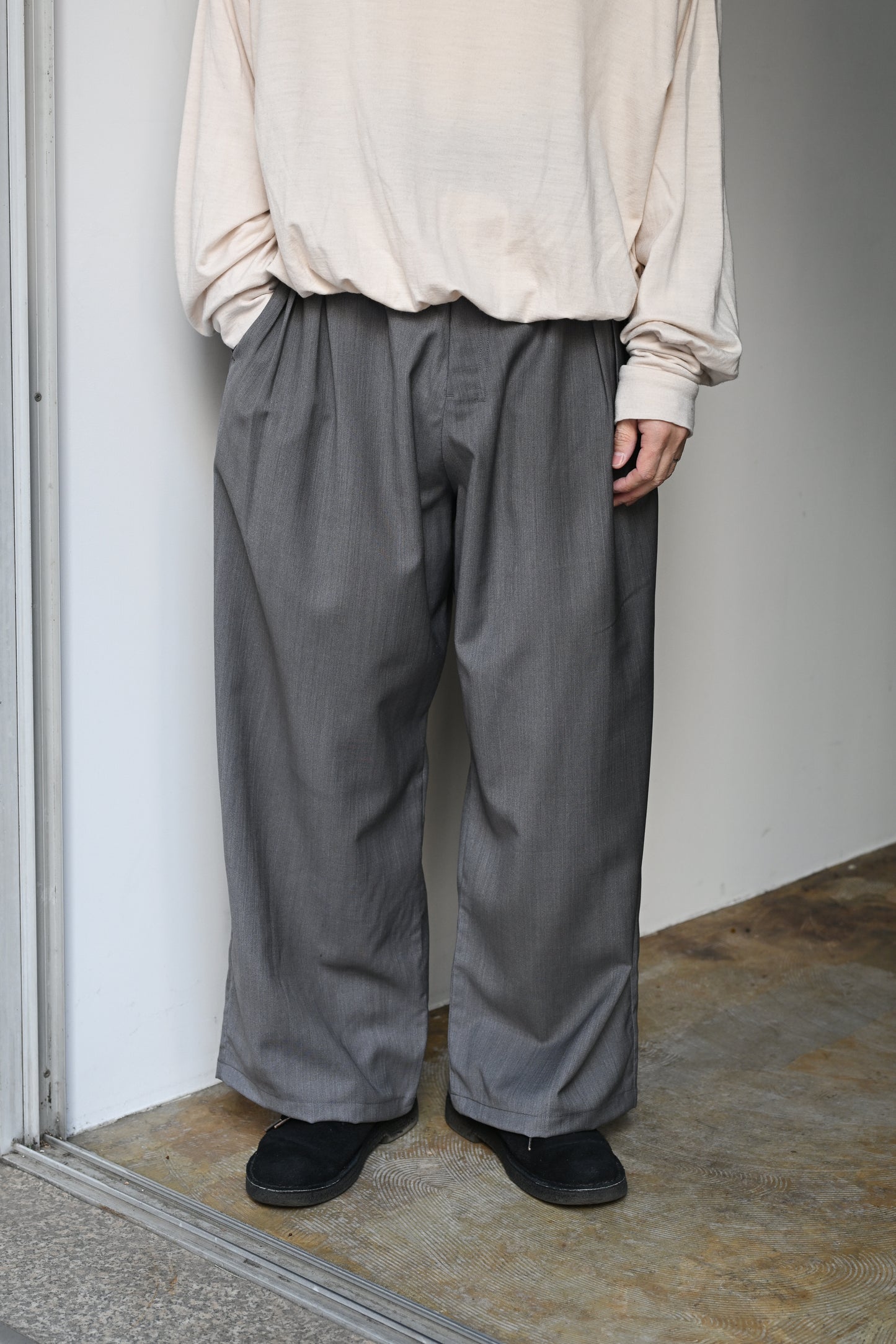 ANCELLM / BELTED WOOL SLACKS -GRAY