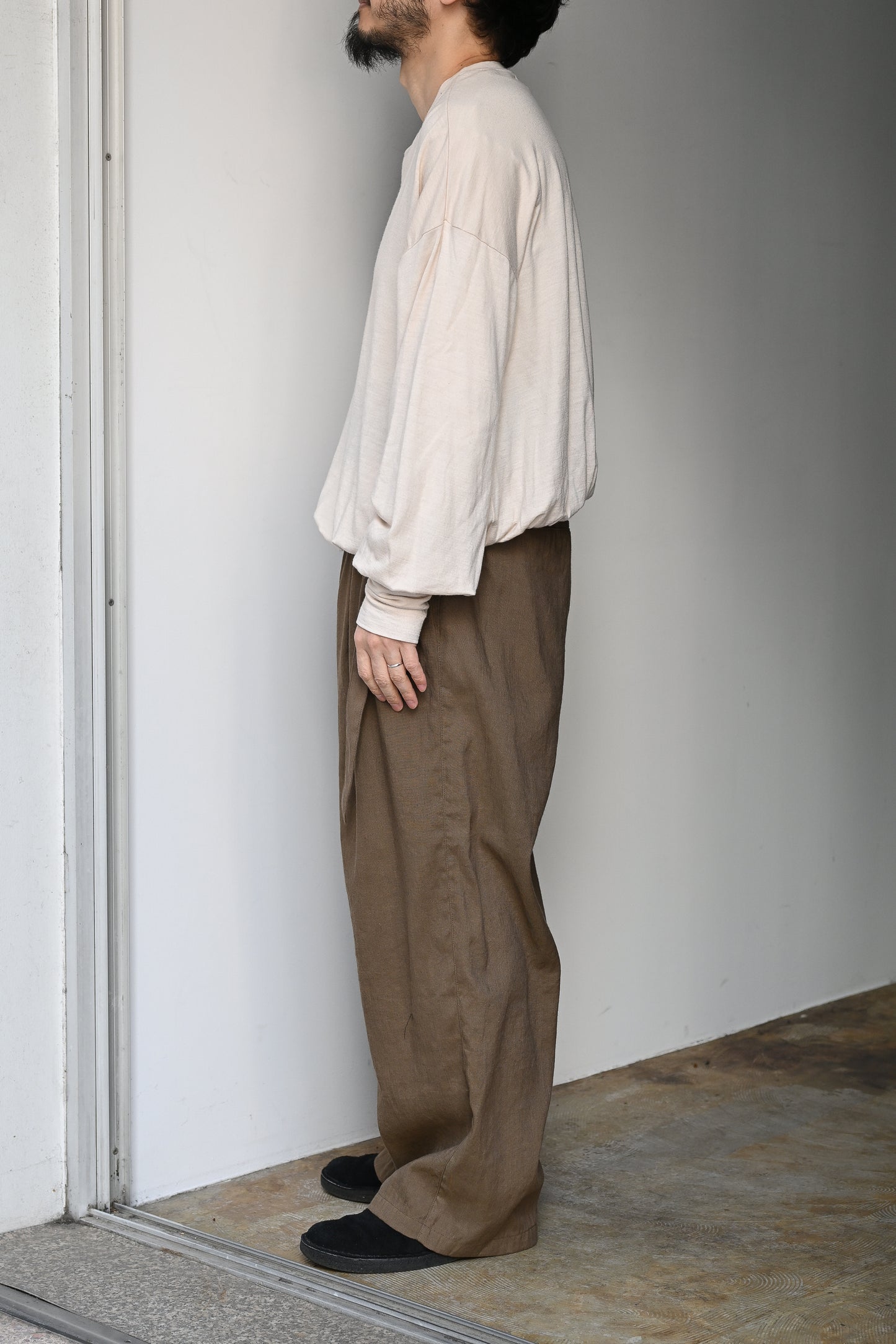ANCELLM / LINEN POPLIN BELT-LESS SLACKS -BROWN