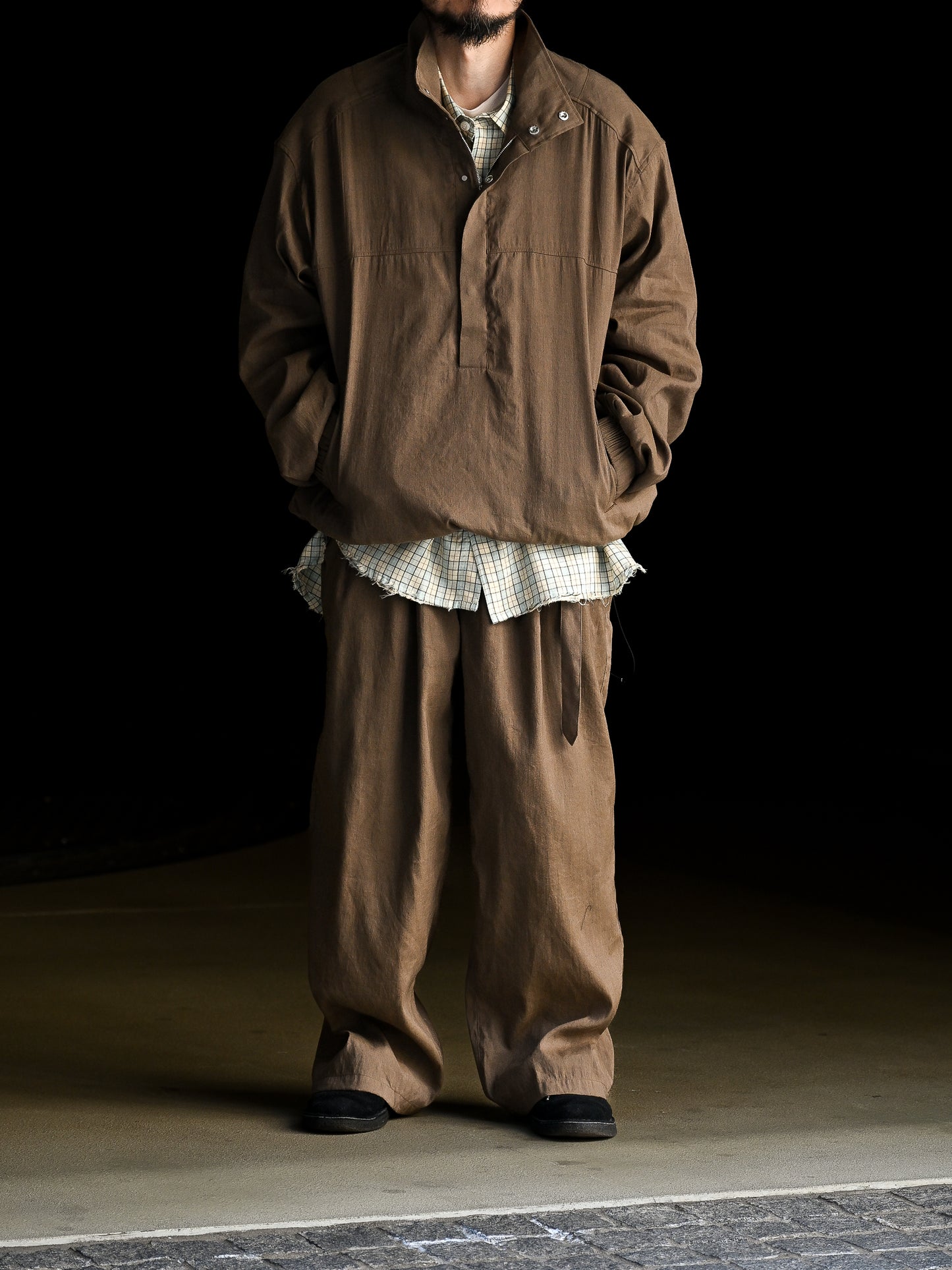 ANCELLM / LINEN POPLIN BELT-LESS SLACKS -BROWN