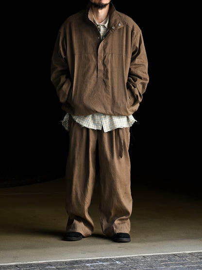 ANCELLM / LINEN POPLIN BELT-LESS SLACKS -BROWN