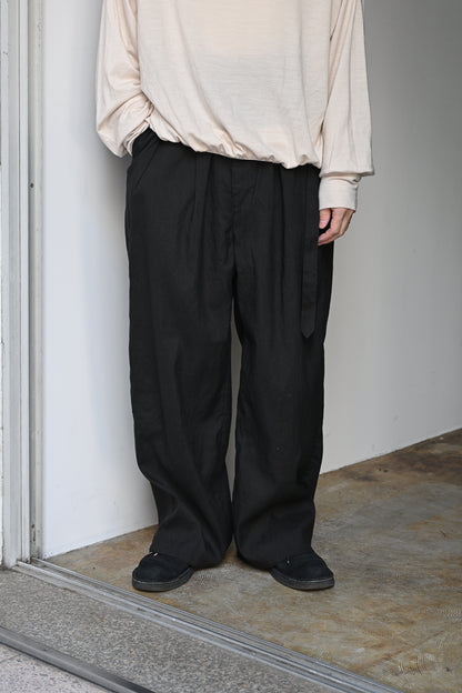 ANCELLM / LINEN POPLIN BELT-LESS SLACKS -BLACK