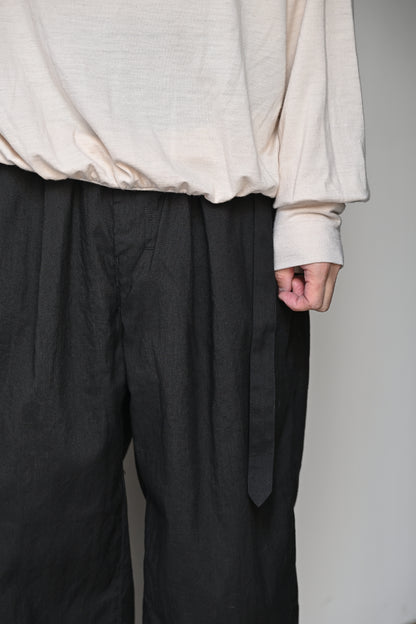ANCELLM / LINEN POPLIN BELT-LESS SLACKS -BLACK