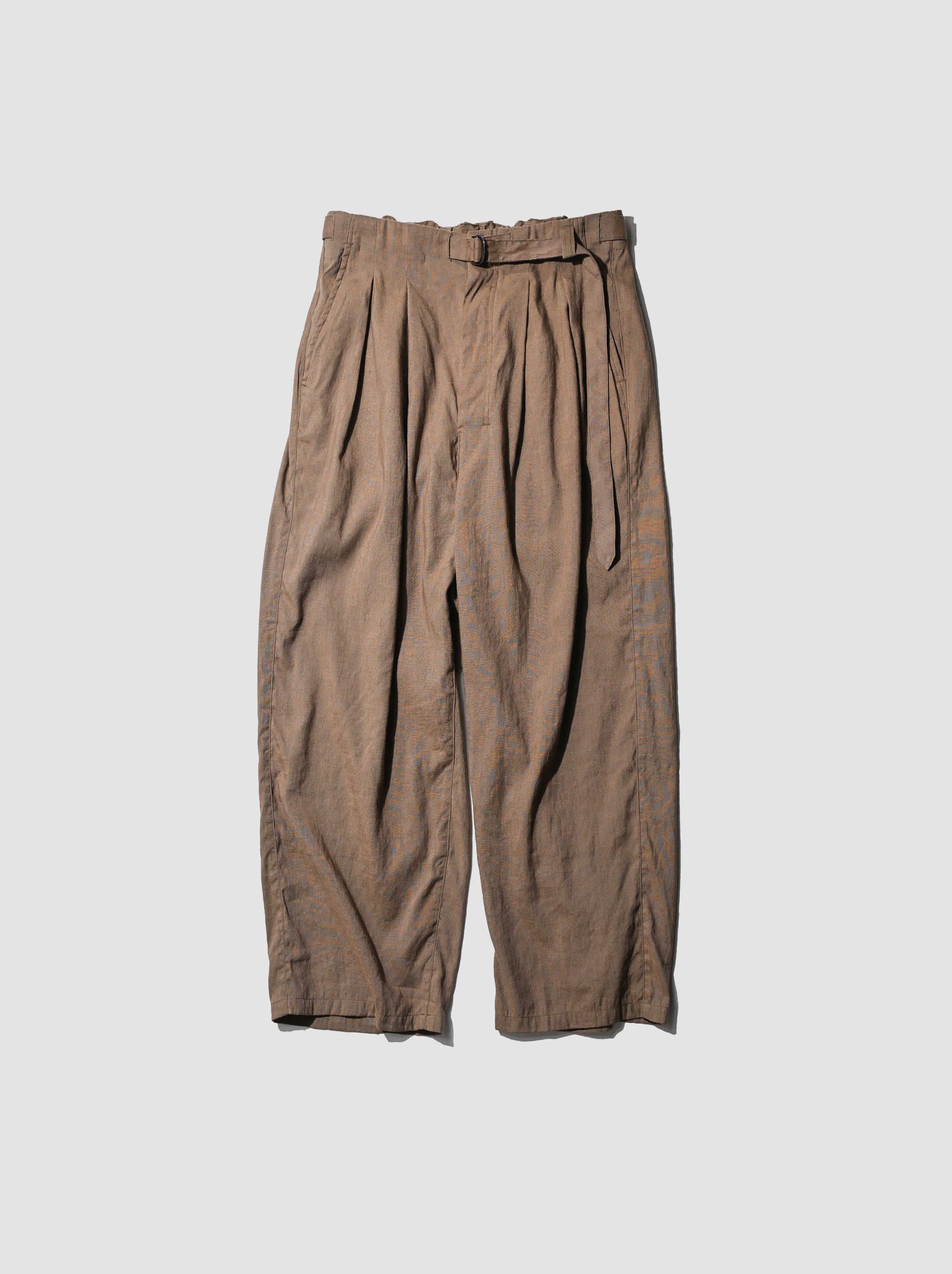 ANCELLM / LINEN POPLIN BELT-LESS SLACKS -BROWN – and father