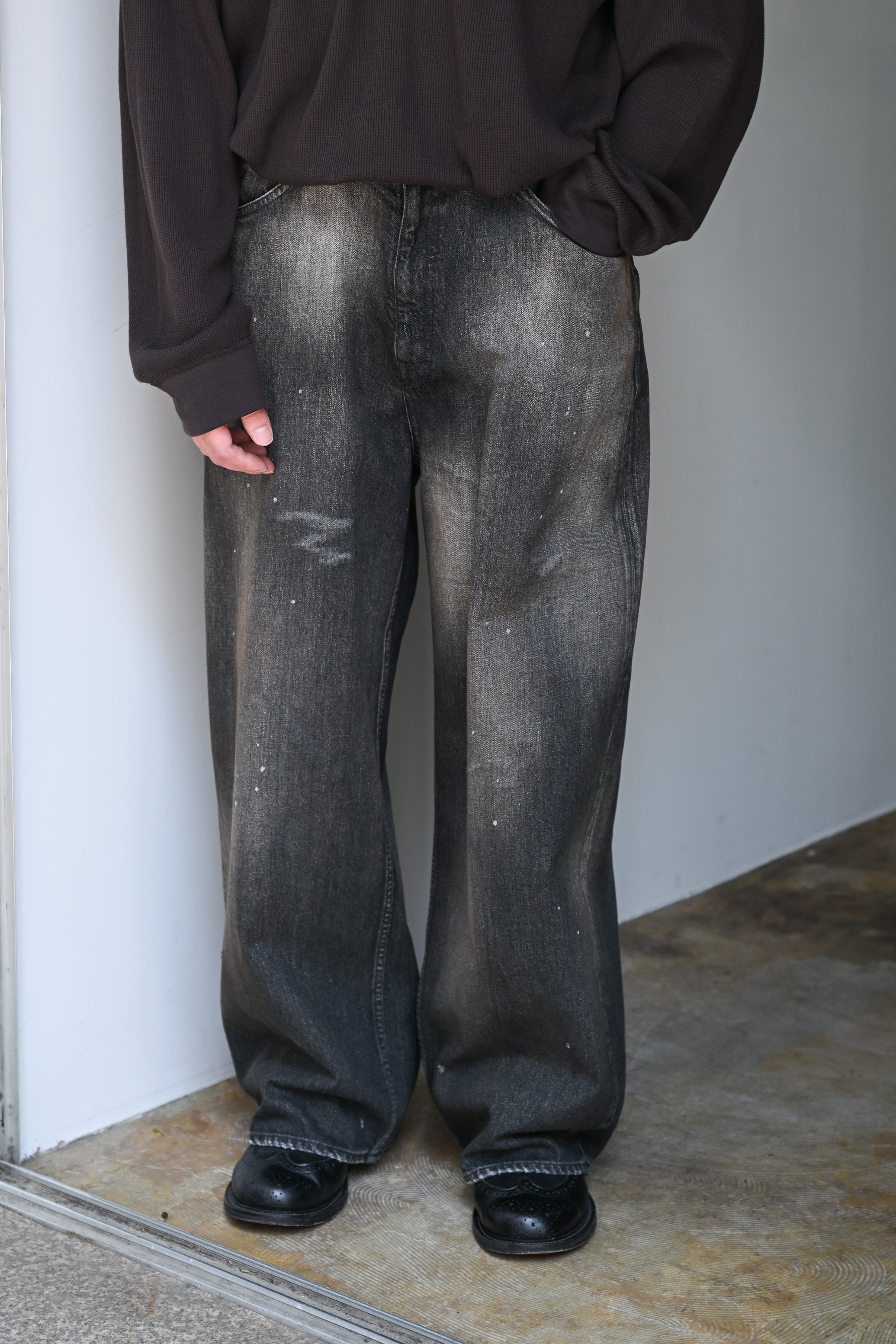ANCELLM / STRAIGHT WIDE DENIM PANTS -BLACK