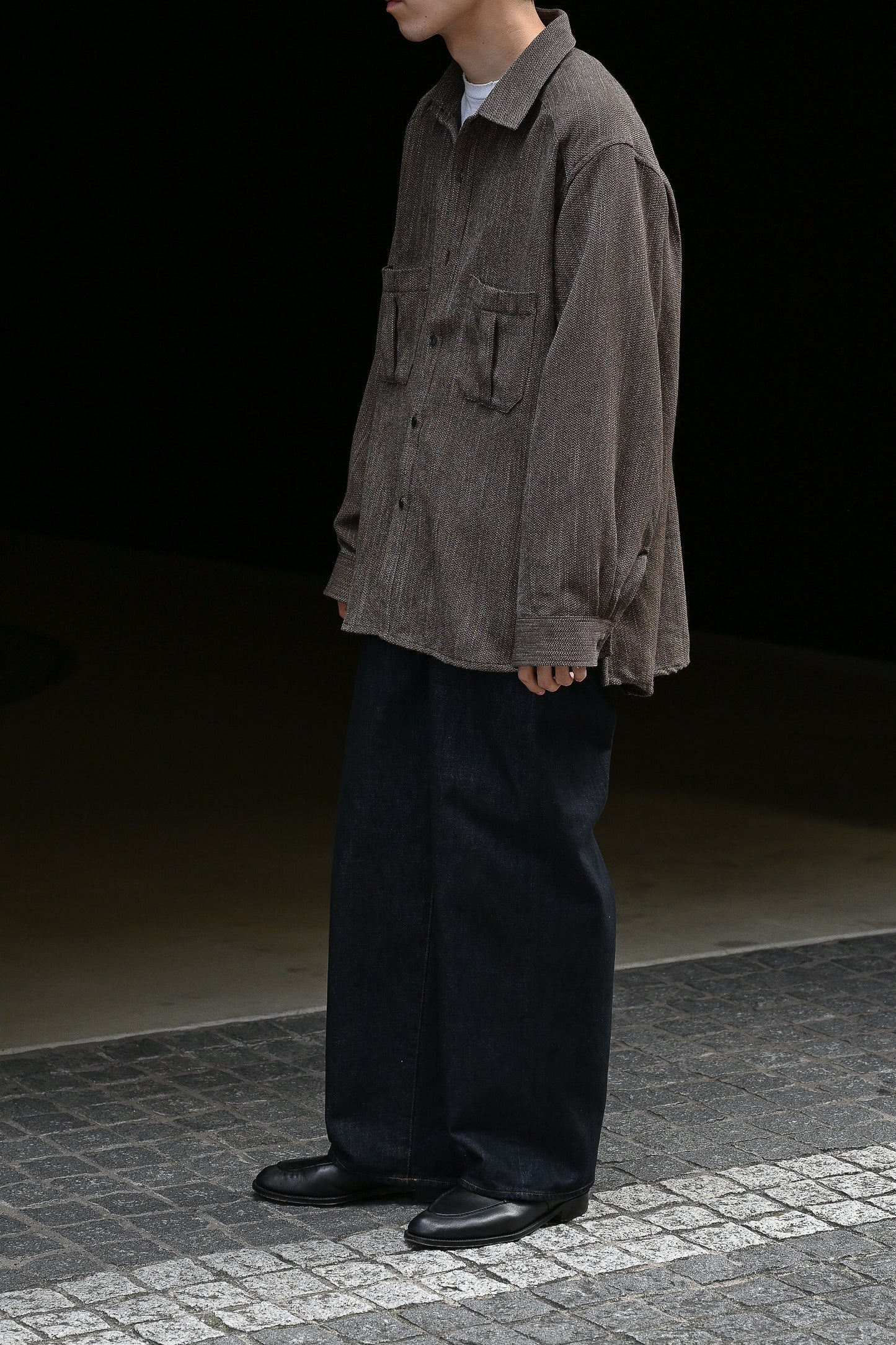 ANCELLM / MELANGE WOOL OVER WORK SHIRT -BROWN
