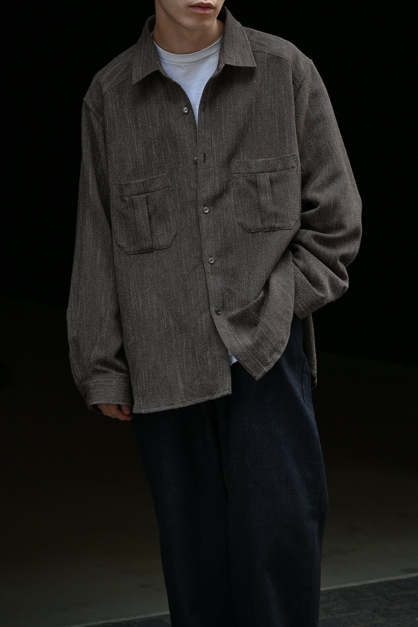 ANCELLM / MELANGE WOOL OVER WORK SHIRT -BROWN