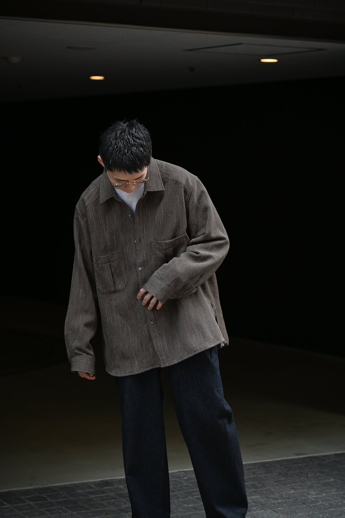 ANCELLM / MELANGE WOOL OVER WORK SHIRT -BROWN