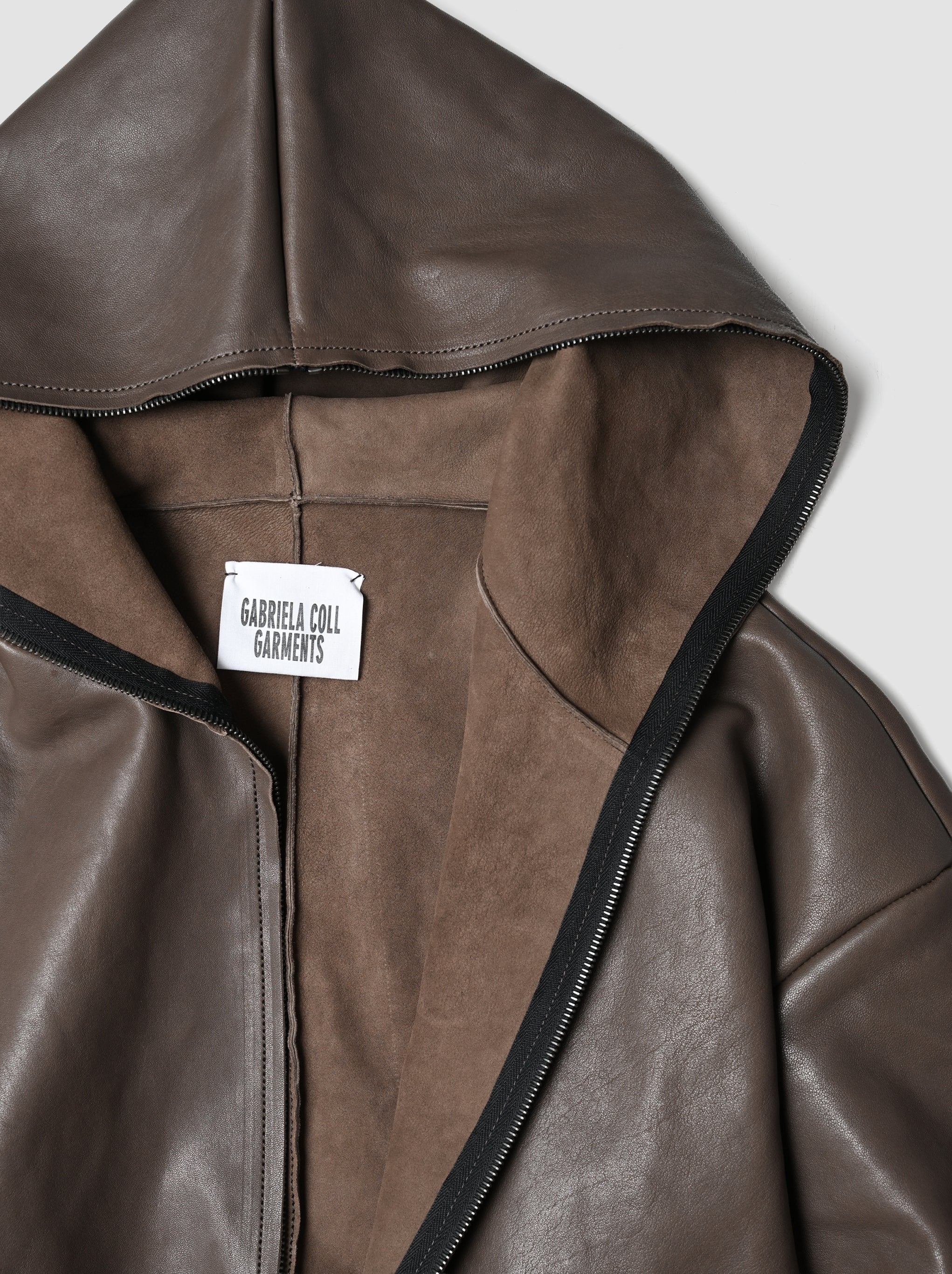 GABRIELA COLL GARMENTS / LEATHER HOODED ZIPPER JACKET -DUST
