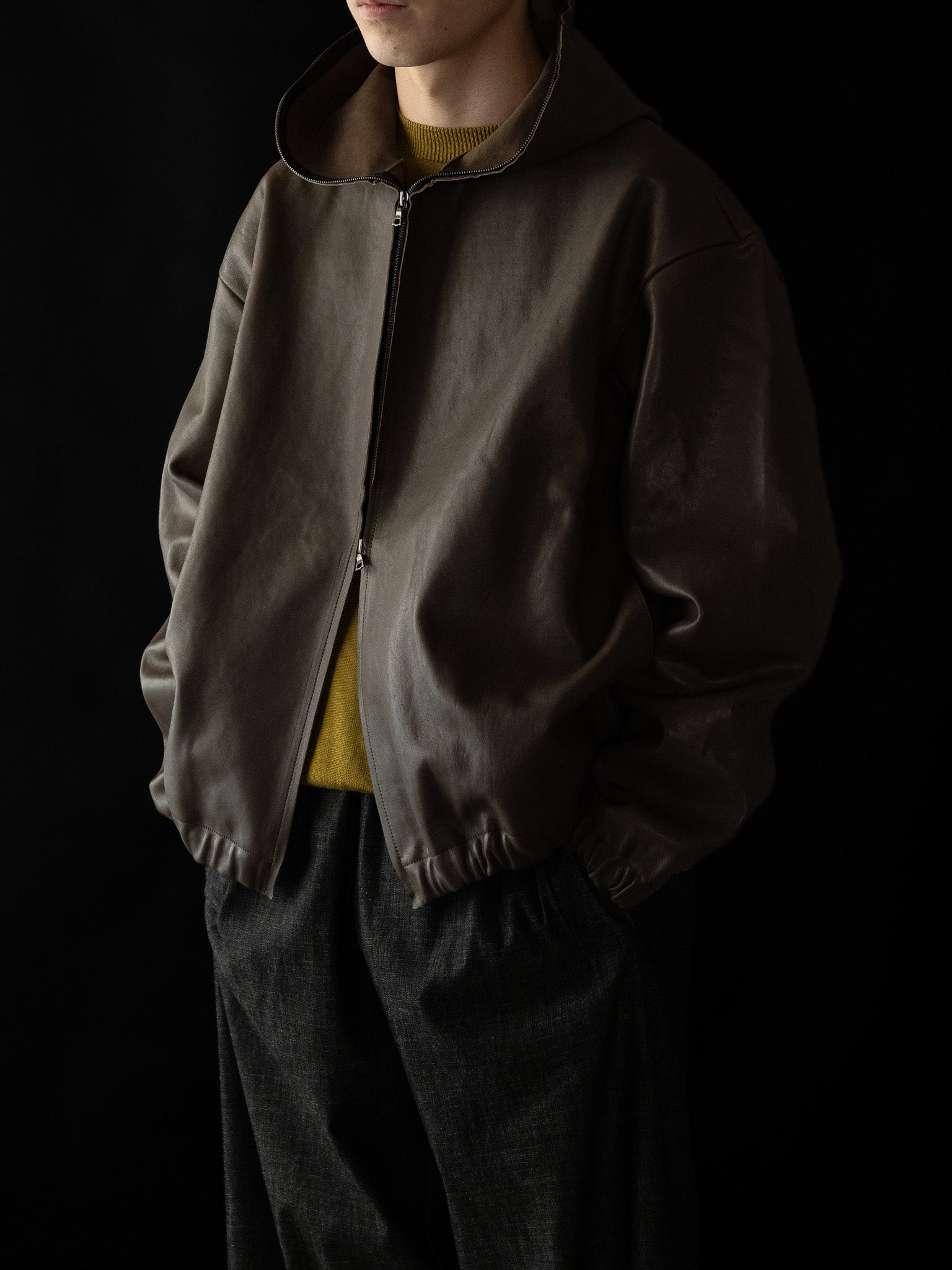 GABRIELA COLL GARMENTS / LEATHER HOODED ZIPPER JACKET -DUST