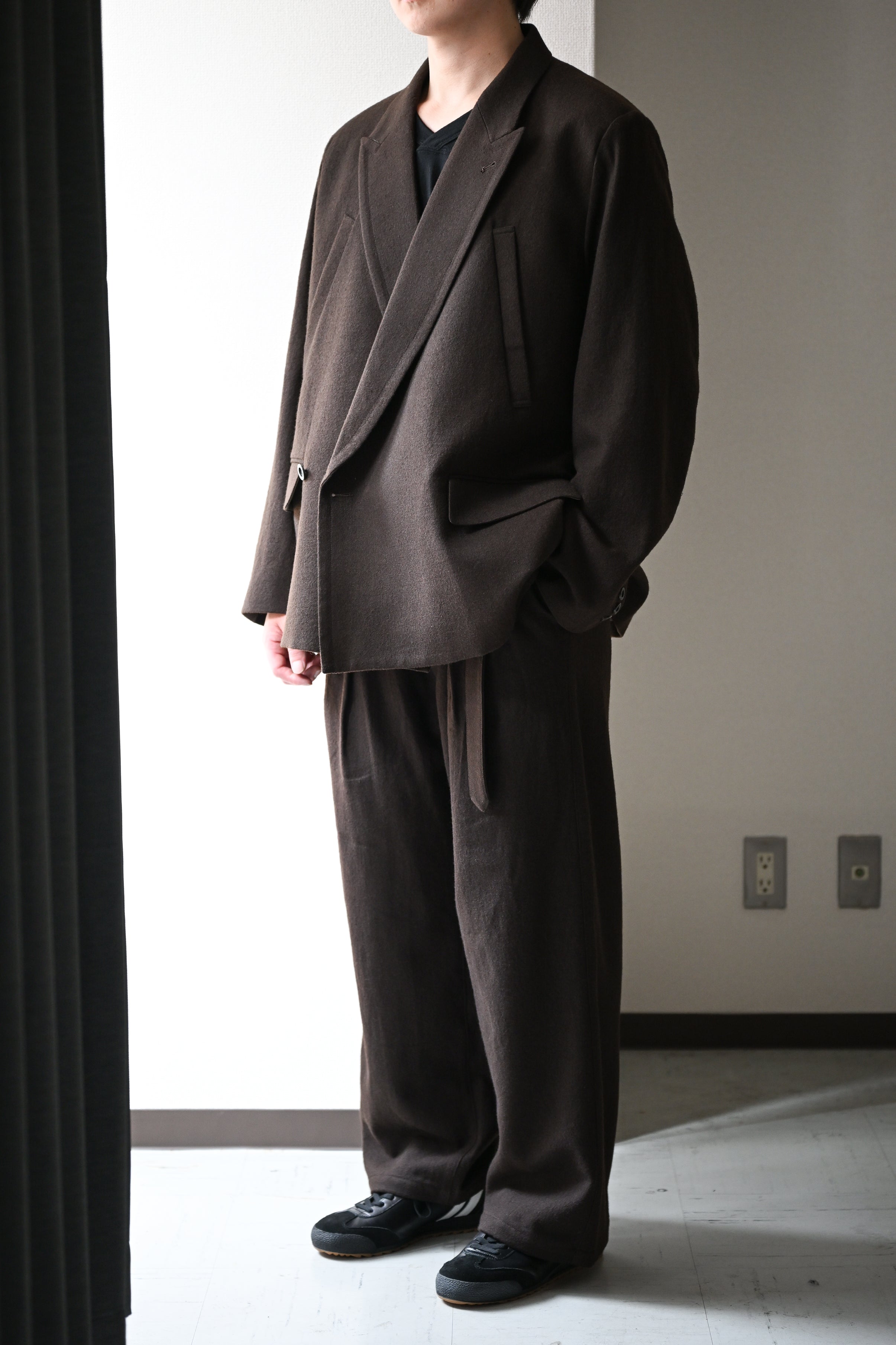 ANCELLM / WOOL BELTED WIDE SLACKS -BROWN