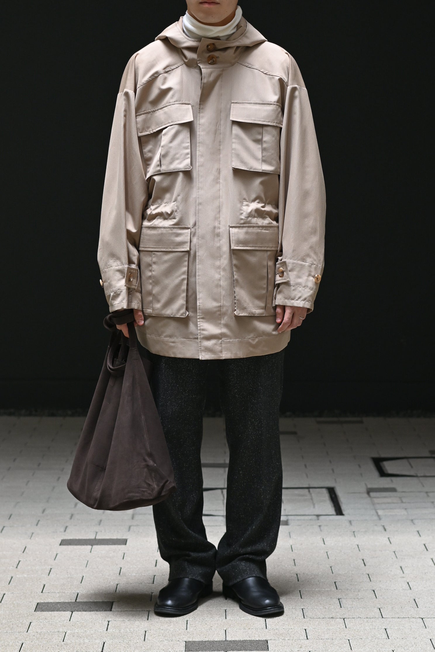 POSTELEGANT / Wool Silk Utility Coat -BEIGE – and father