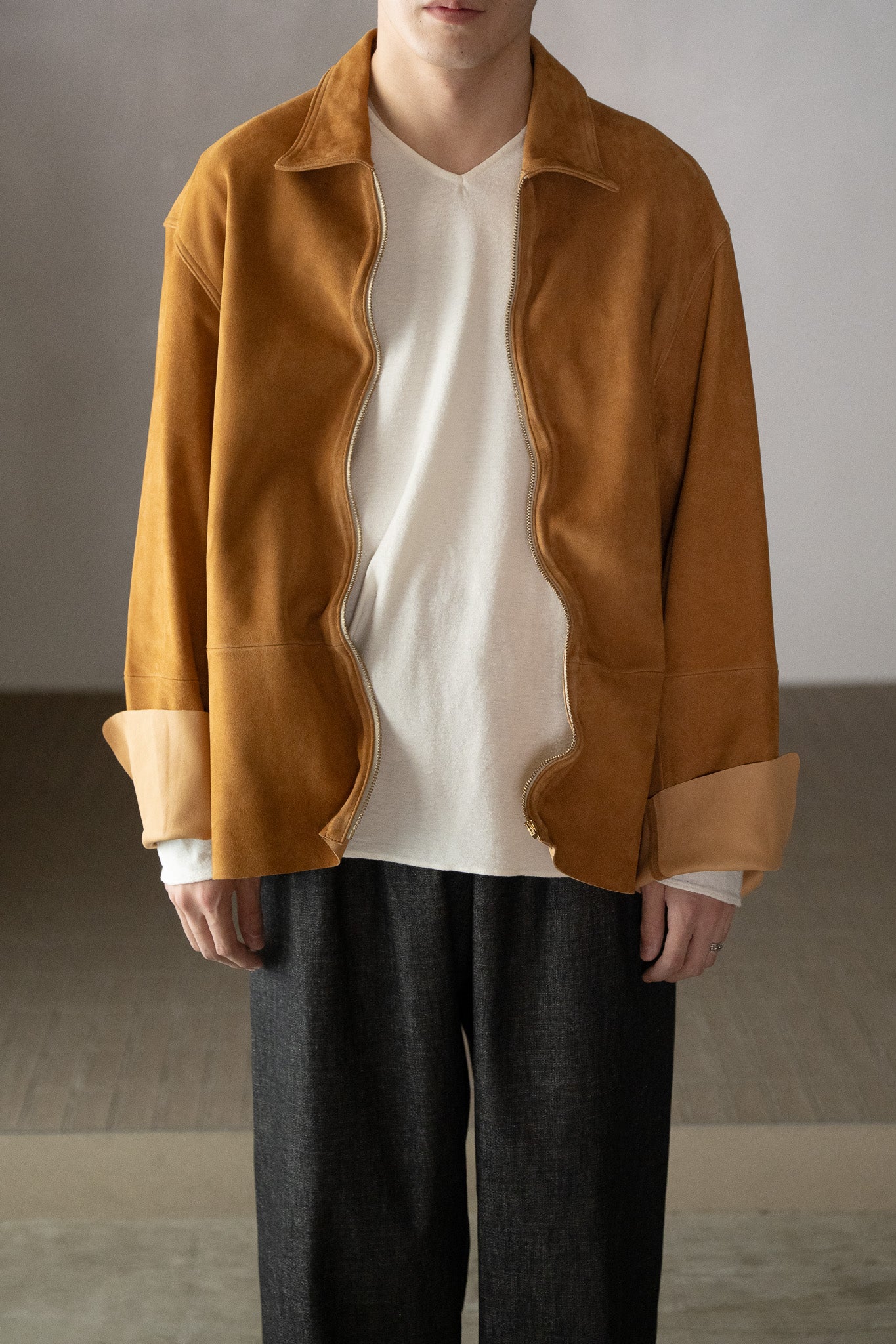 barbell object / leather jkt -SAND