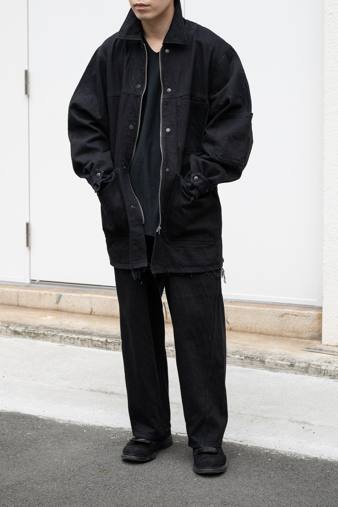 barbell object / denim coverall -BLACK
