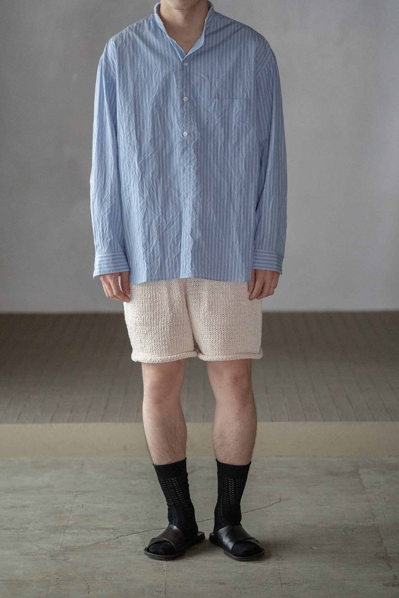 POSTELEGANT / Washi Paper Cotton Hand Knit Shorts -ECRU