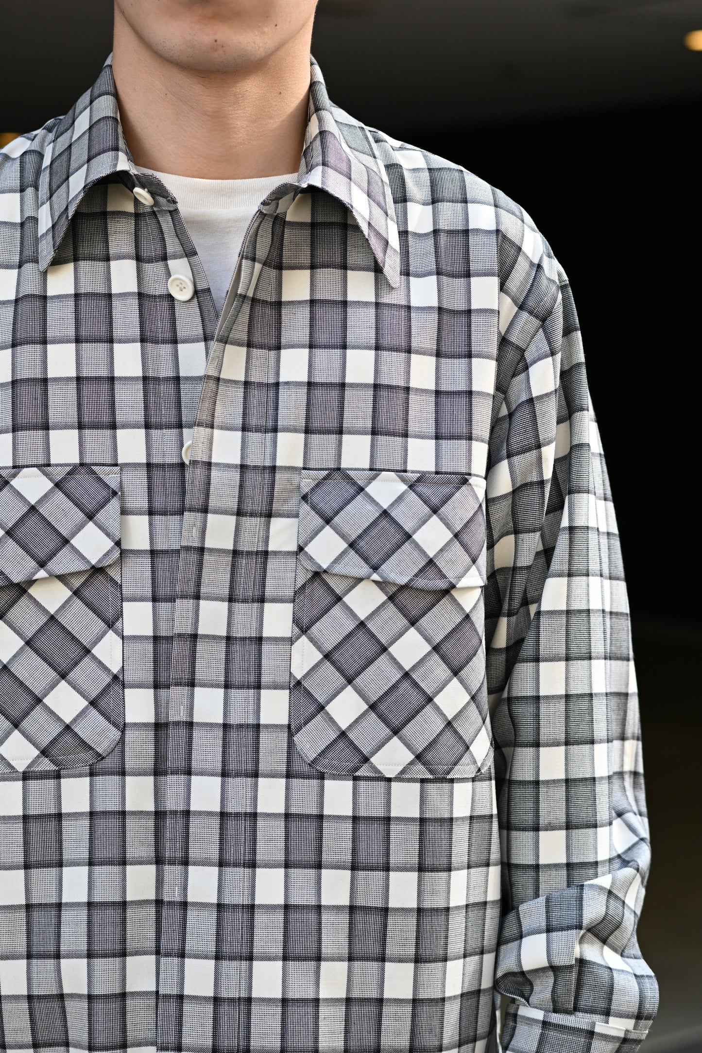 ANTOS. / DOUBLE POCKET OVER SHIRT -WHITE/BLACK