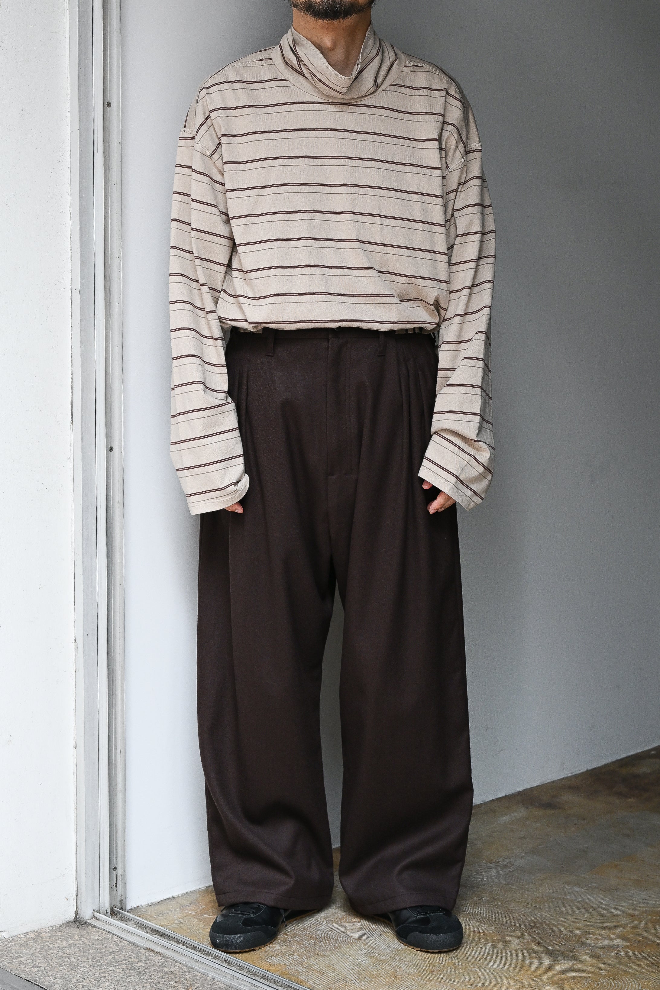 ANCELLM / BELTED WOOL SLACKS -BROWN