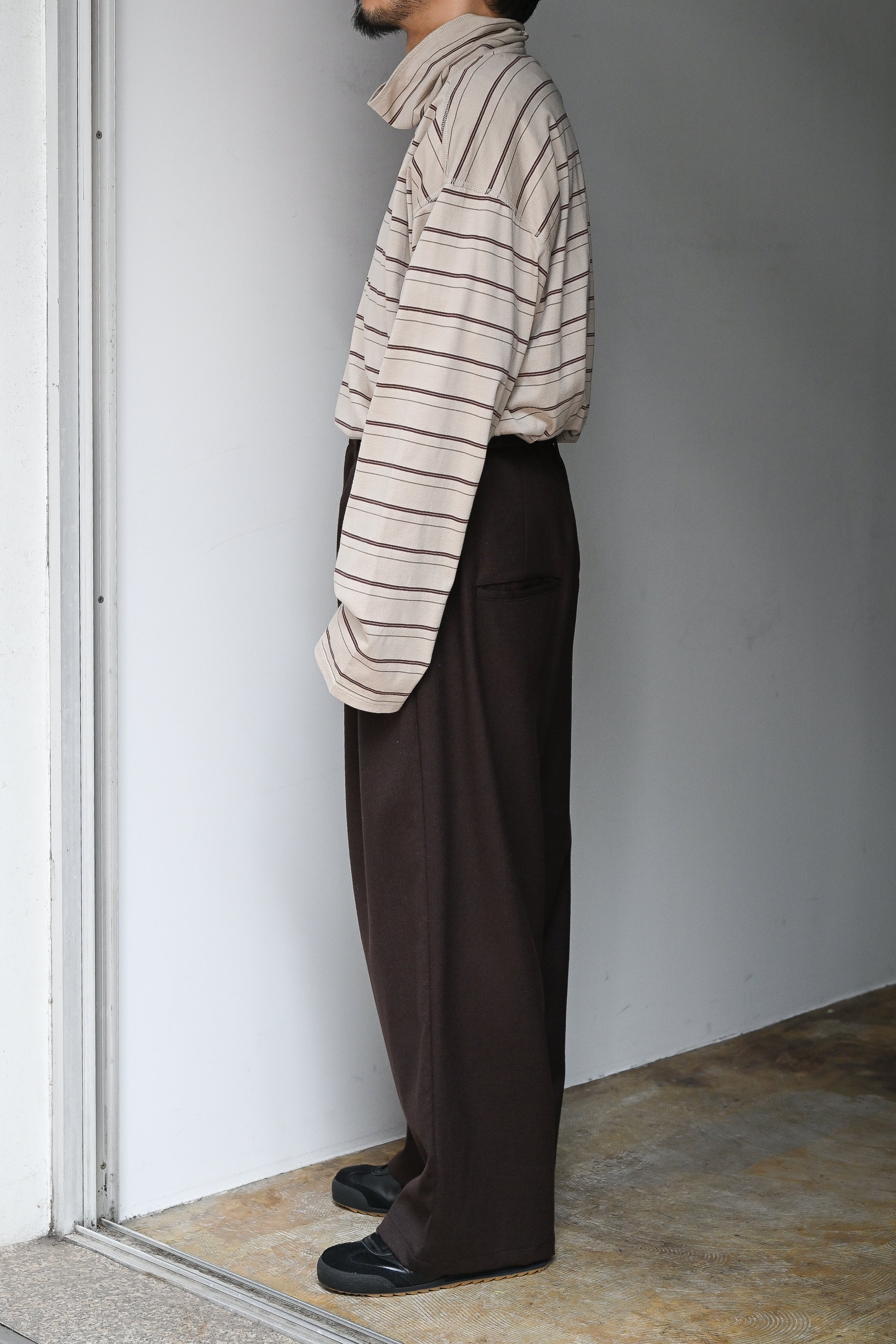 ANCELLM / BELTED WOOL SLACKS -BROWN
