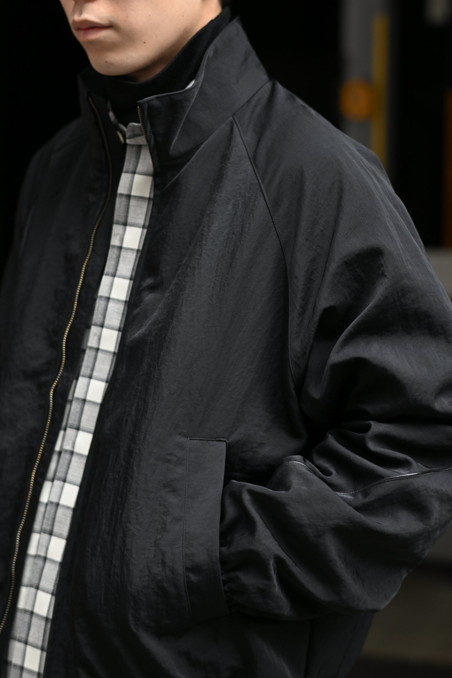 Antwort / LEATHER PIPED BOMBER JACKET -BLACK