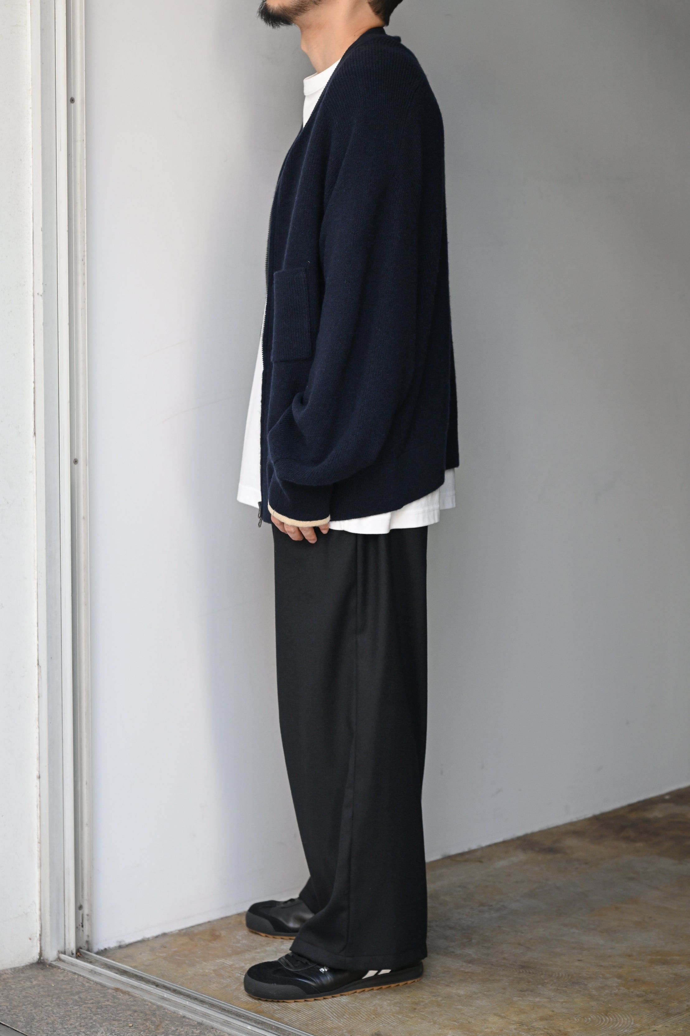 ANCELLM / FULL ZIPPED KNIT CARDIGAN -NAVY