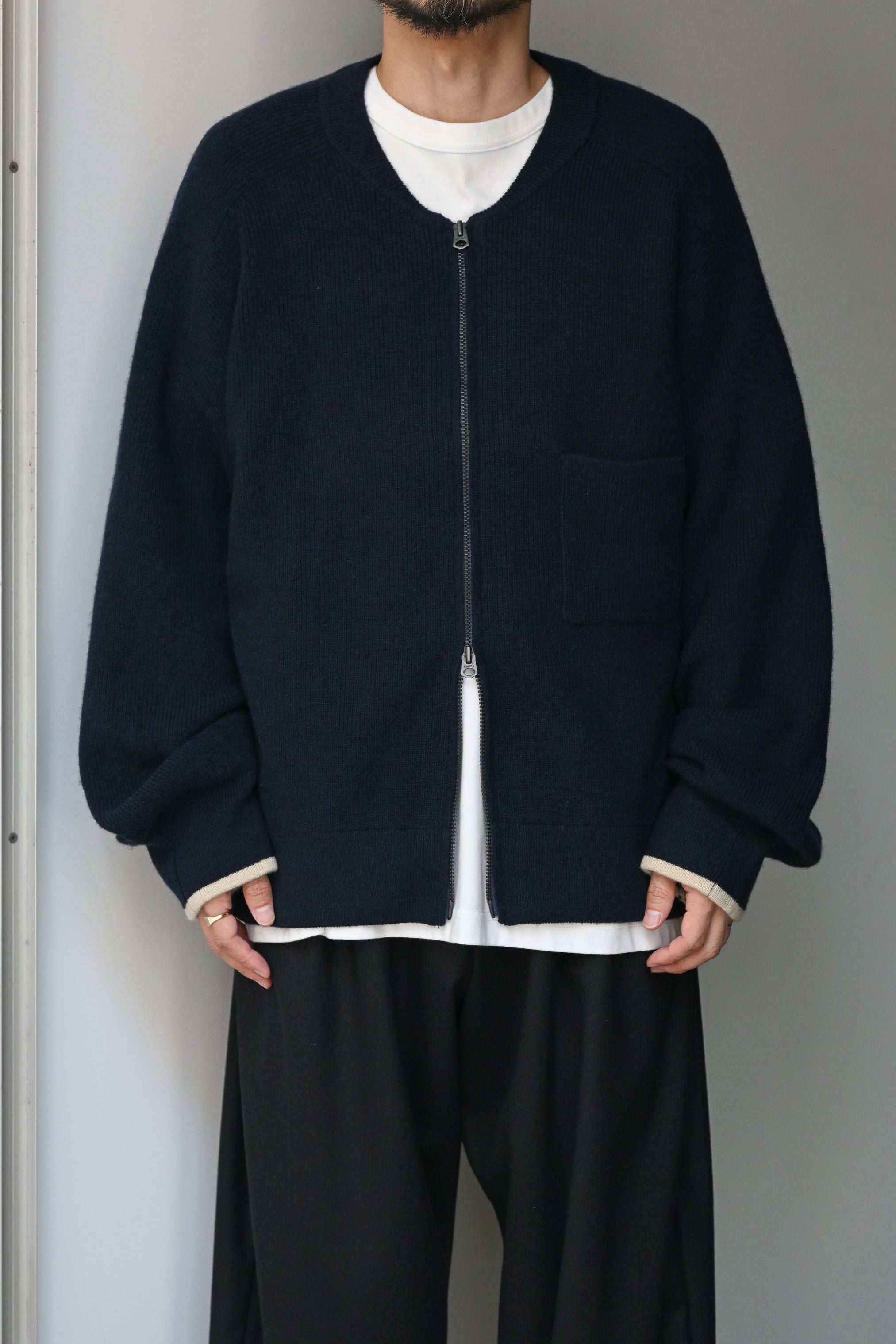 ANCELLM / FULL ZIPPED KNIT CARDIGAN -NAVY
